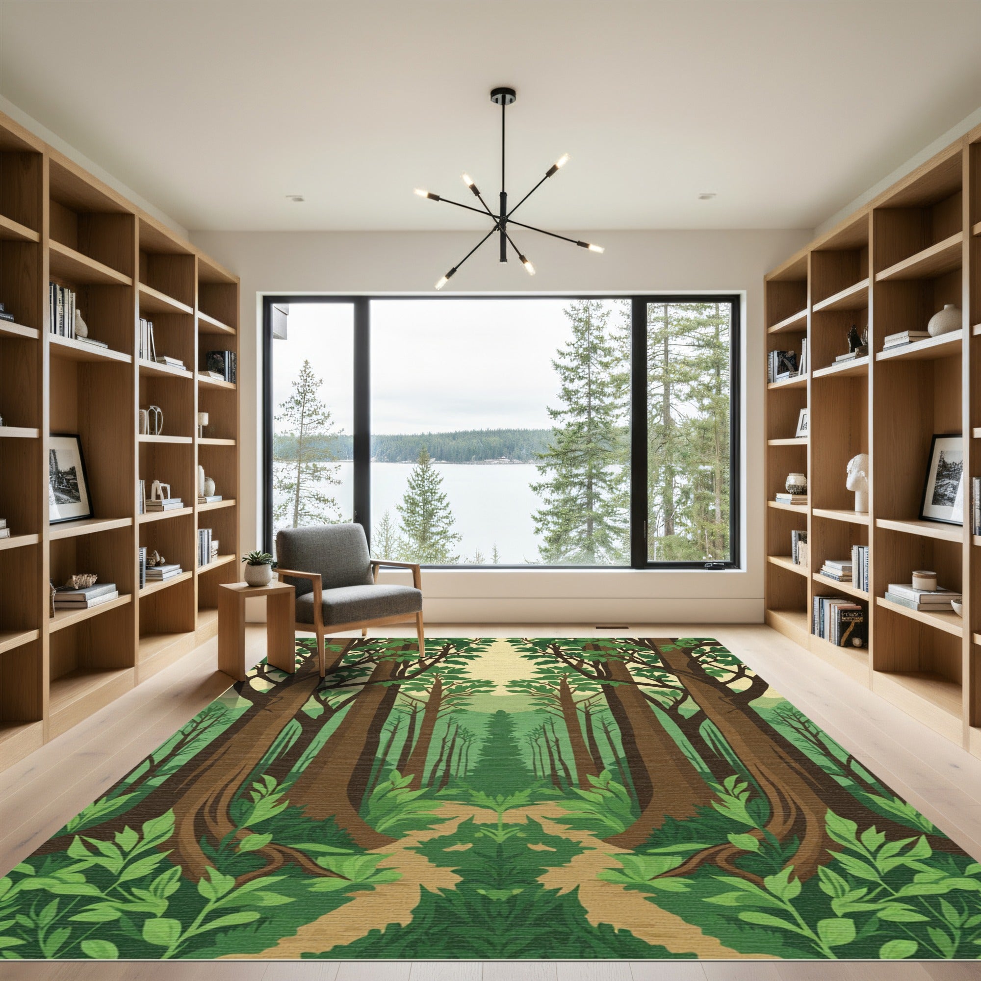 Verdant Forest Pathway Symmetrical Trees Rug