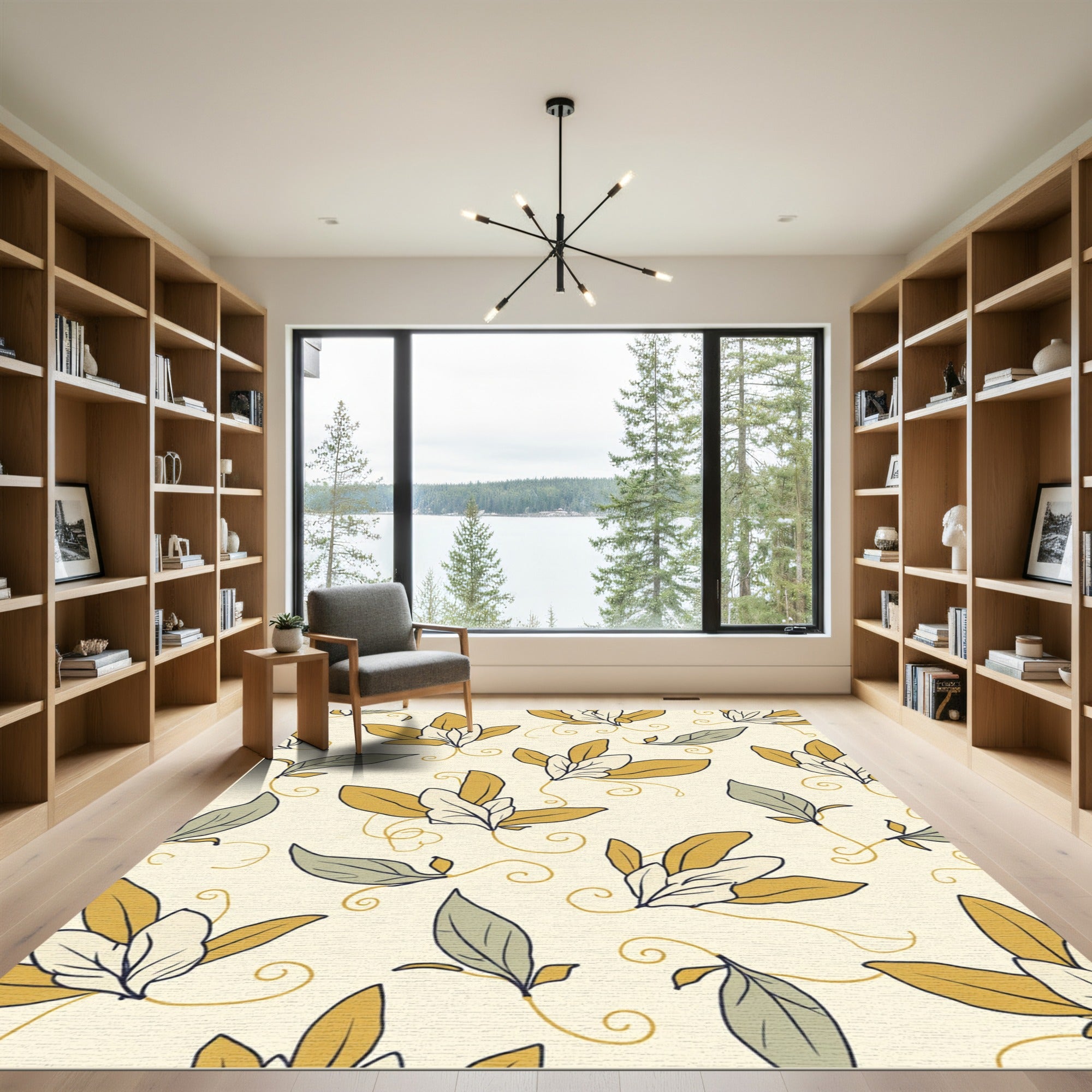 Golden Ochre Leaf Swirl Arrangement Rug