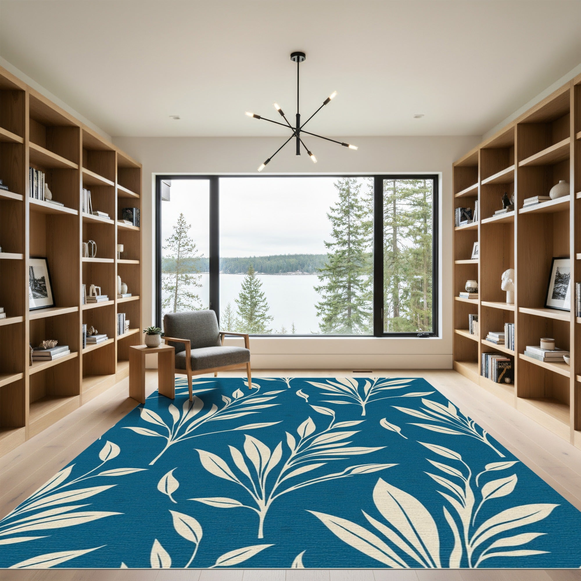 Cream Botanical Branchery Cobalt Blue Rug