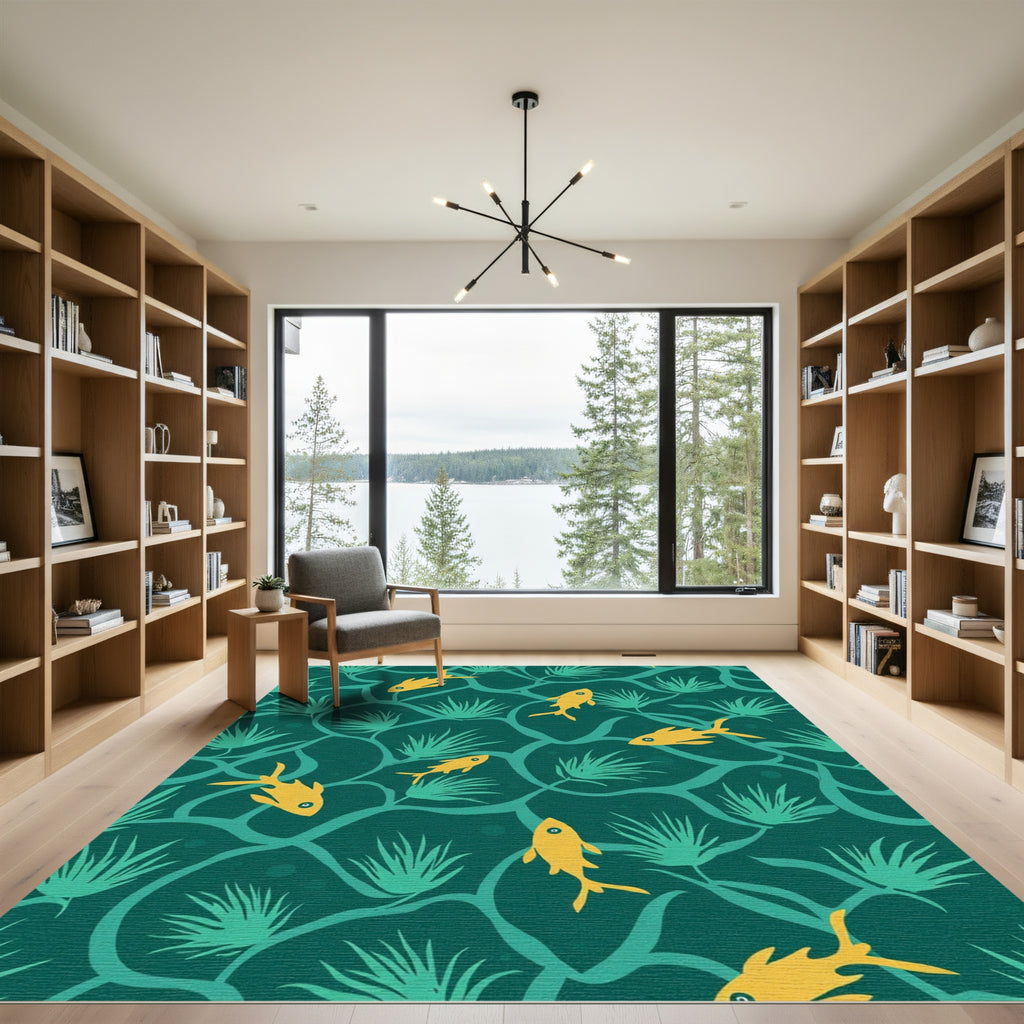 Yellow Fish Teal Ocean Vines Rug
