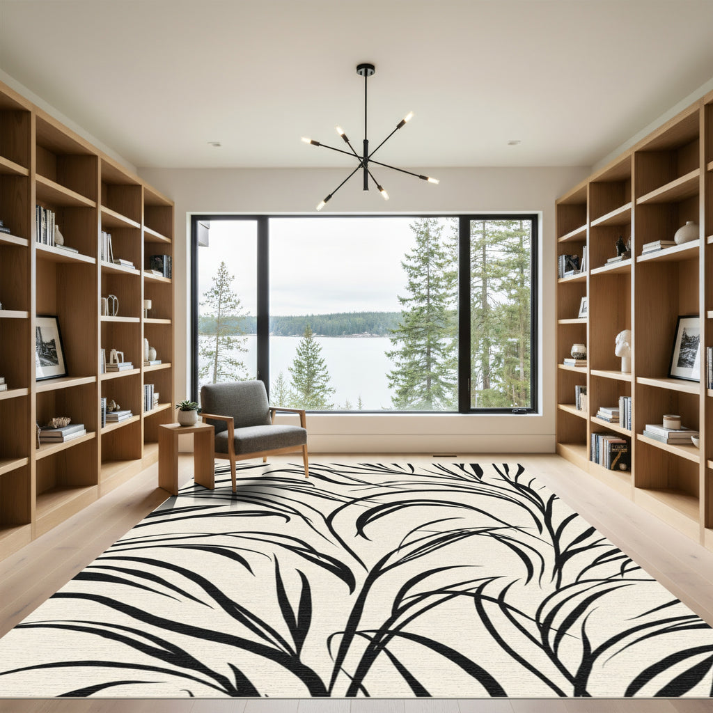 Black Swirling Vine Abstract Rug