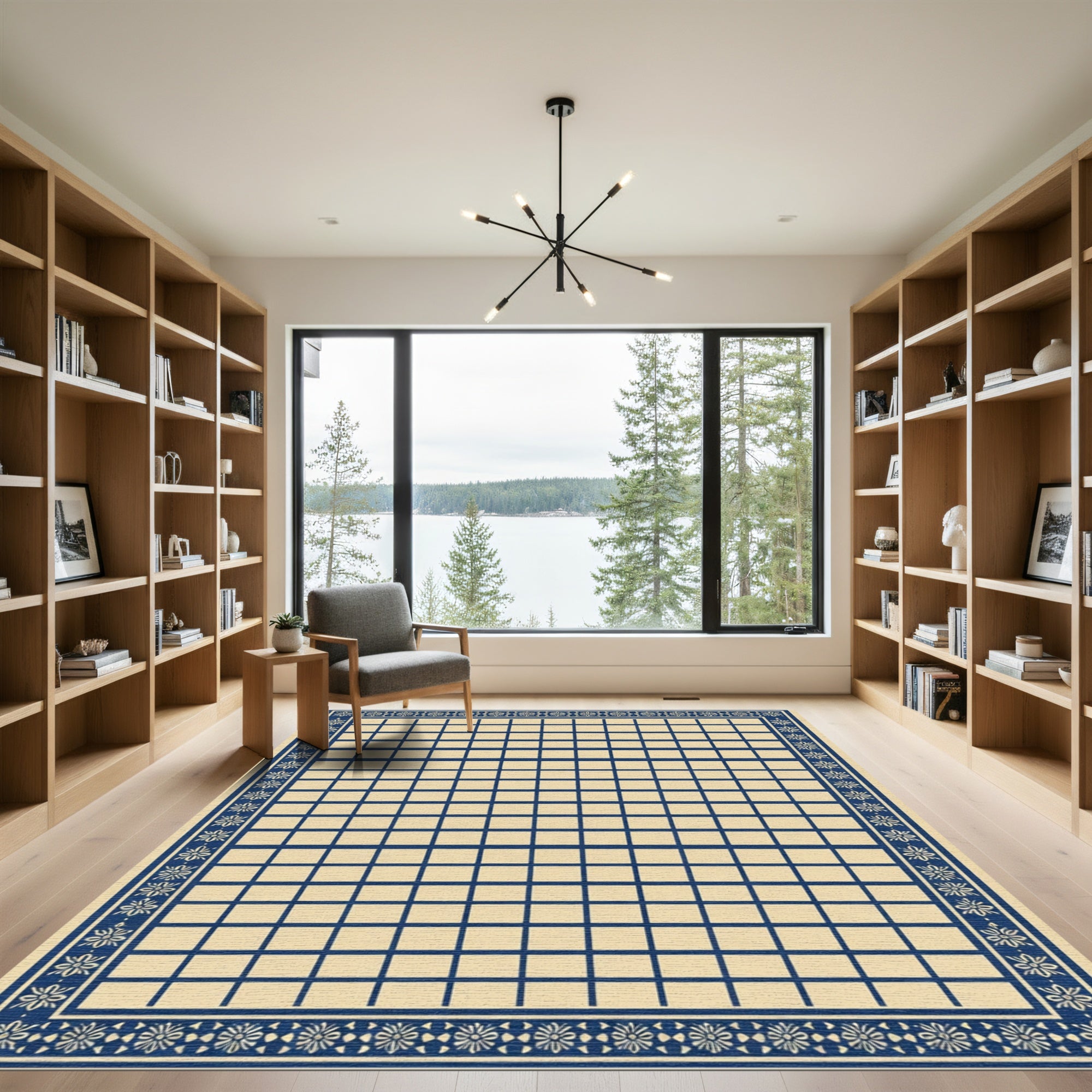 Navy Cream Geometric Square Border Rug