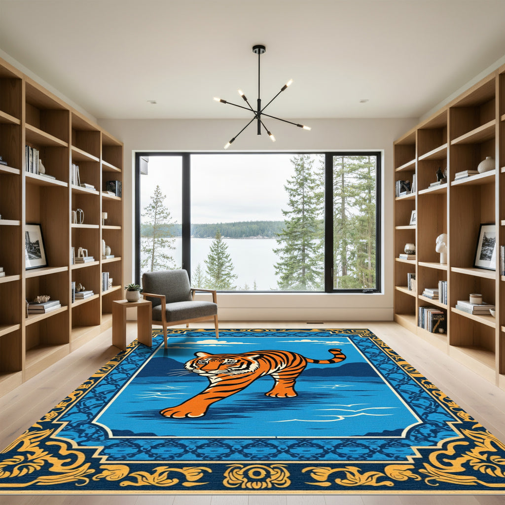 Bold Orange Tiger Blue Landscape Border Rug