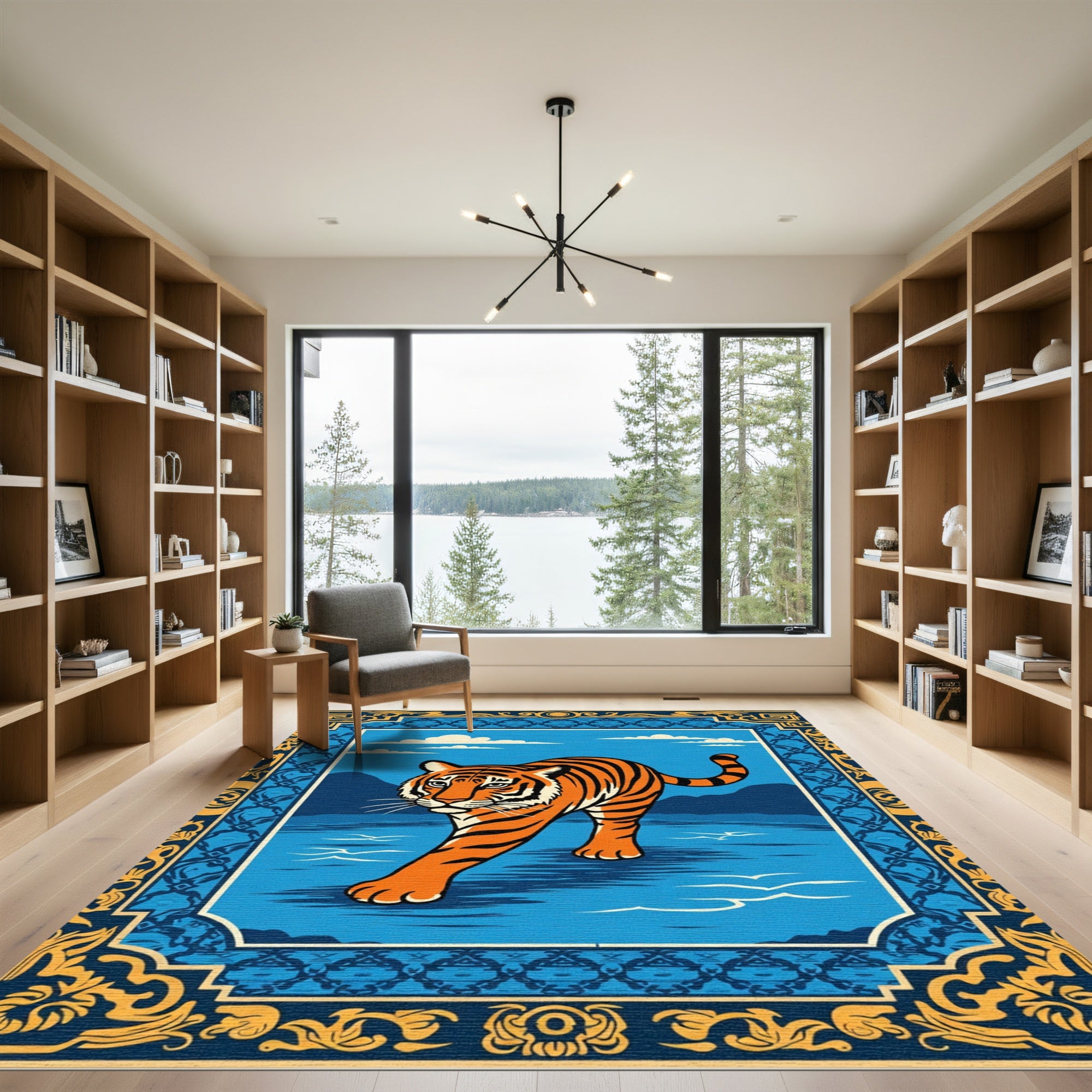 Bold Orange Tiger Blue Landscape Border Rug