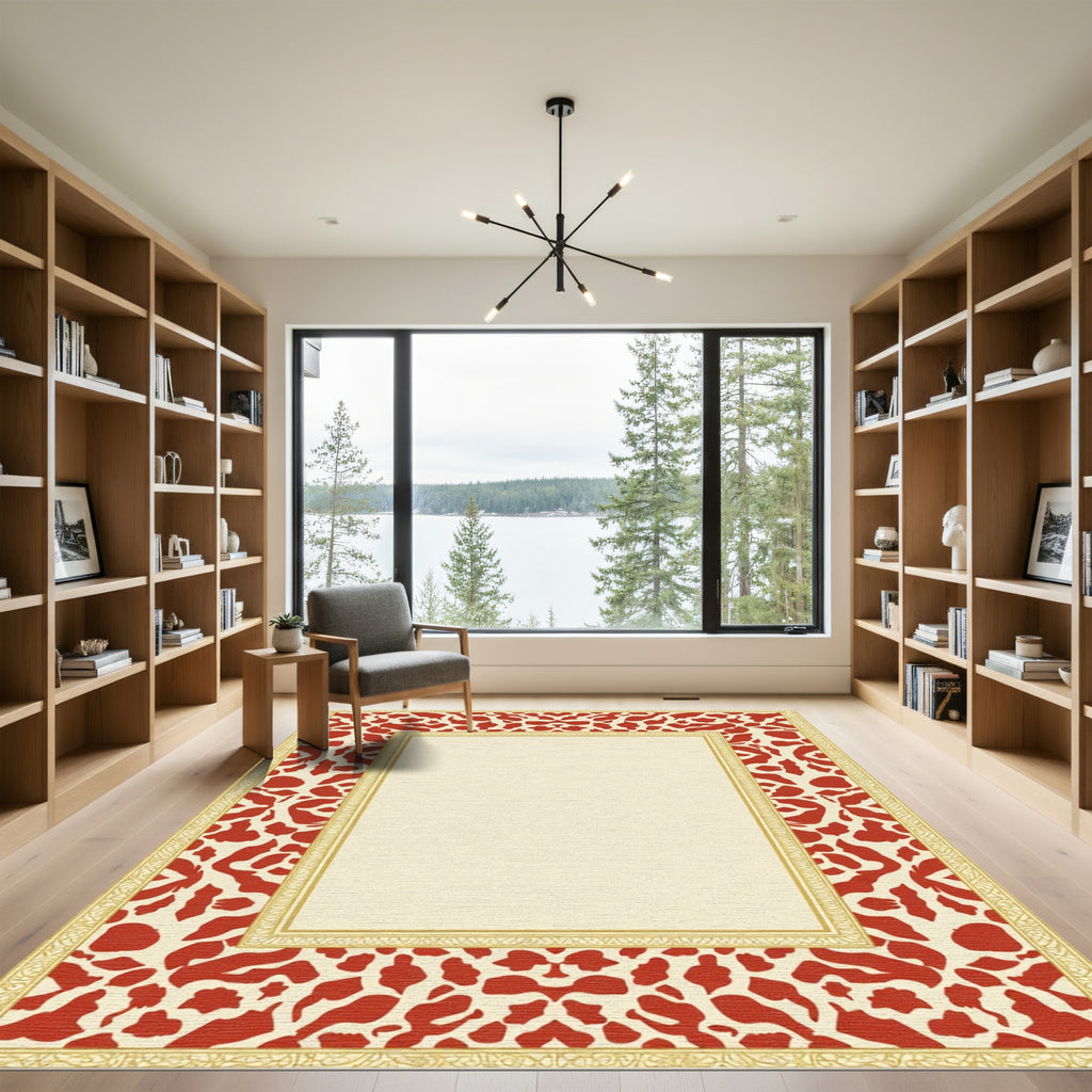 Crimson Abstract Border Cream Gold Frame Rug