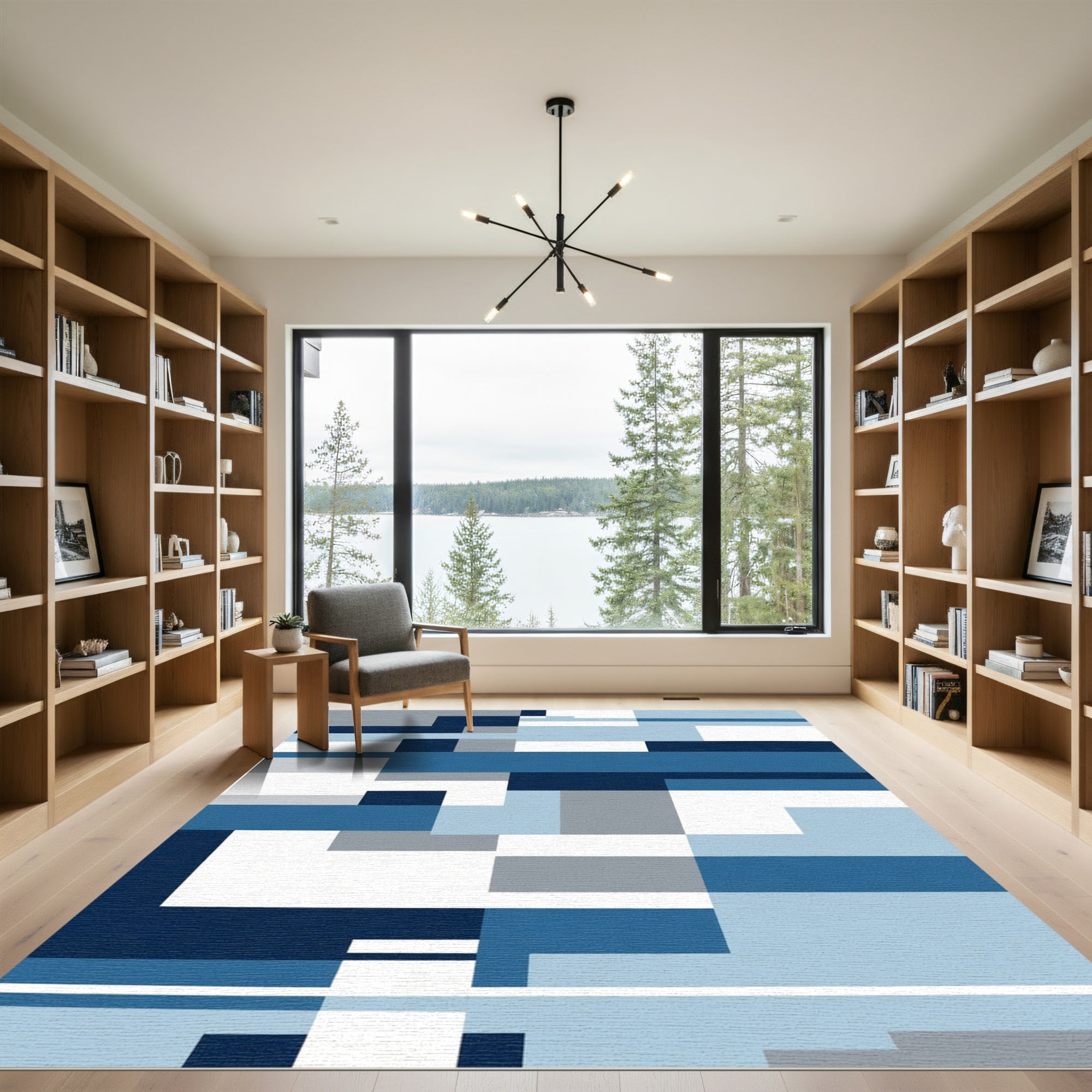 Navy Blue Geometric Slate Blocks Rug