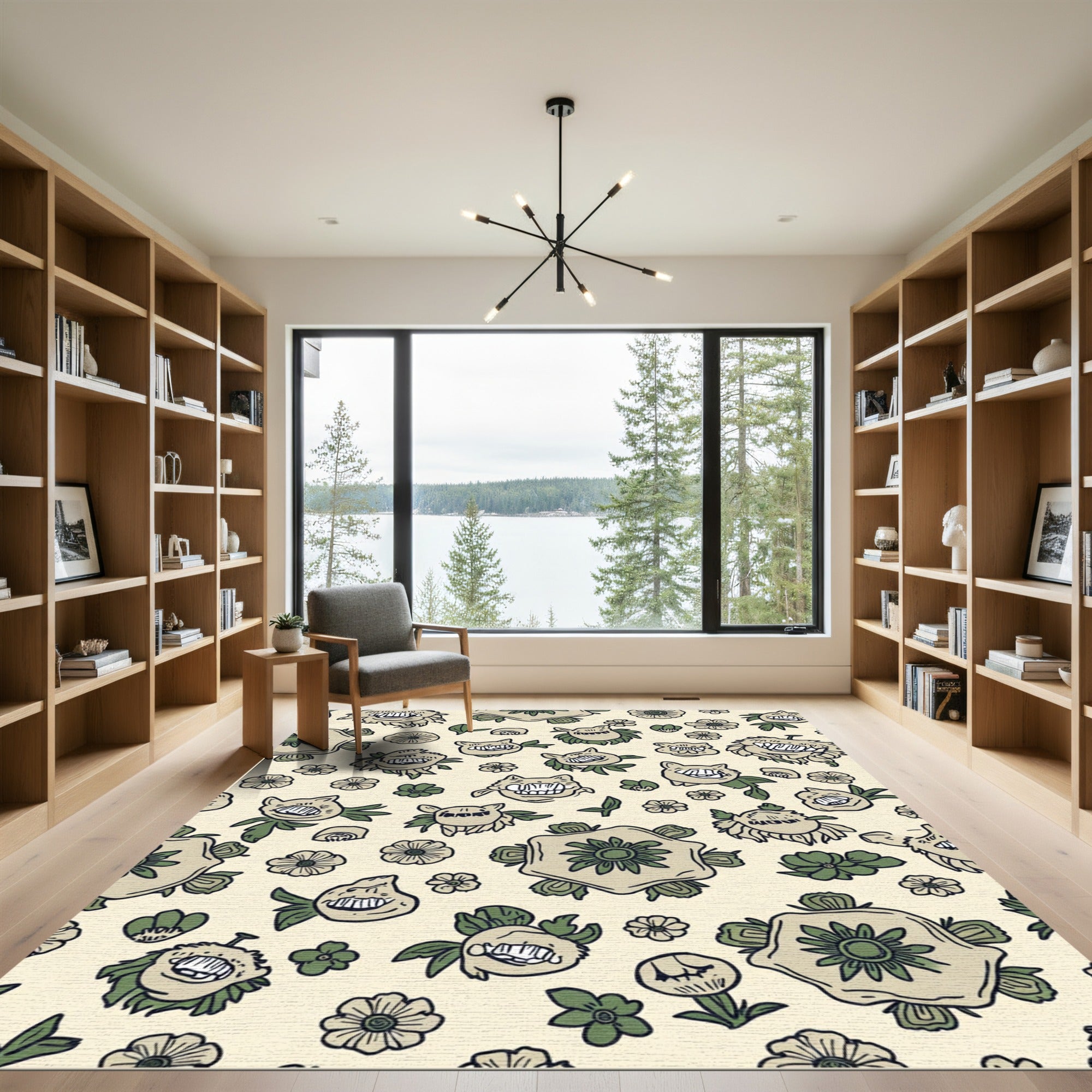 Whimsical Creature Flowers Cream Background Rug