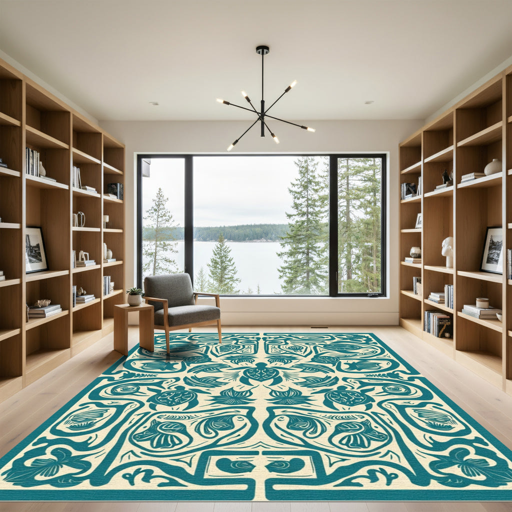 Teal Turtle Floral Border Art Rug