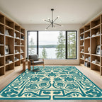 Teal Turtle Floral Border Art Rug