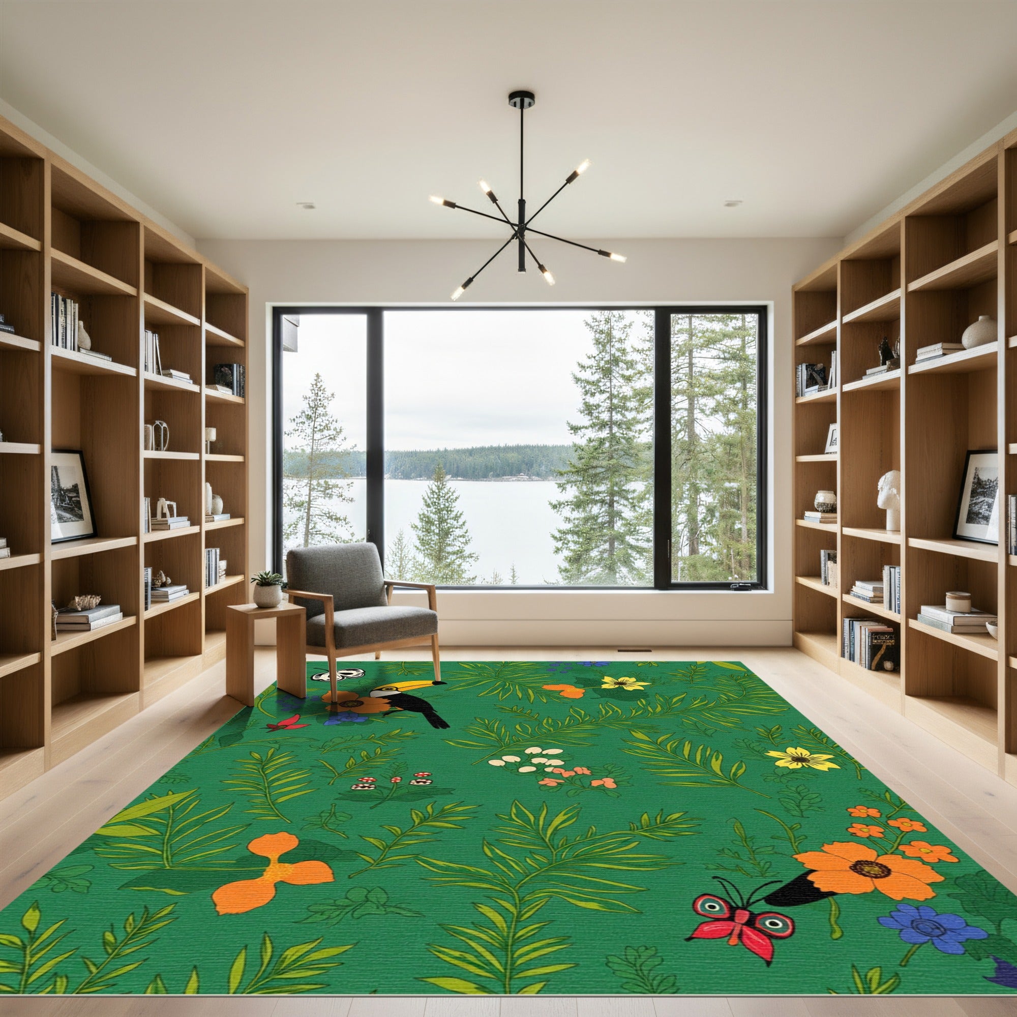 Emerald Green Tropical Toucan Floral Rug