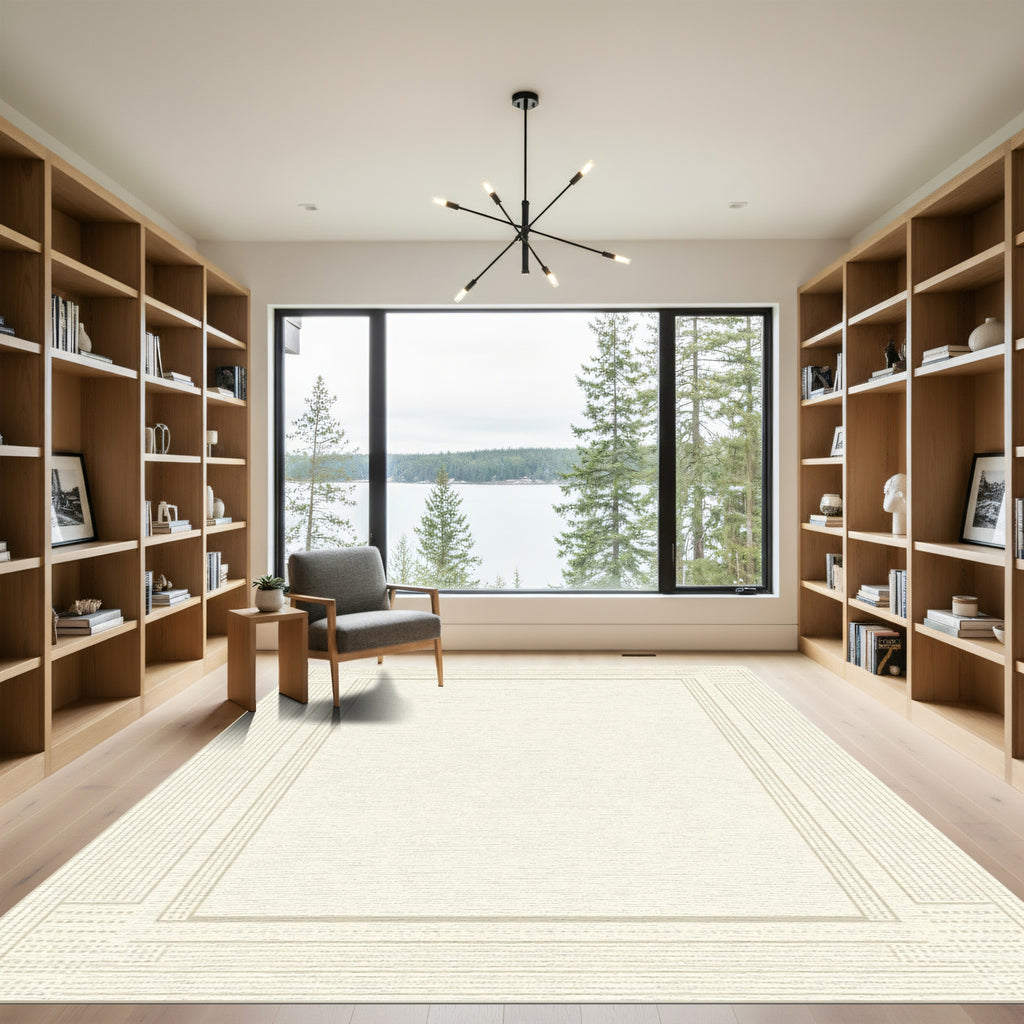 Off White Geometric Line Border Rug