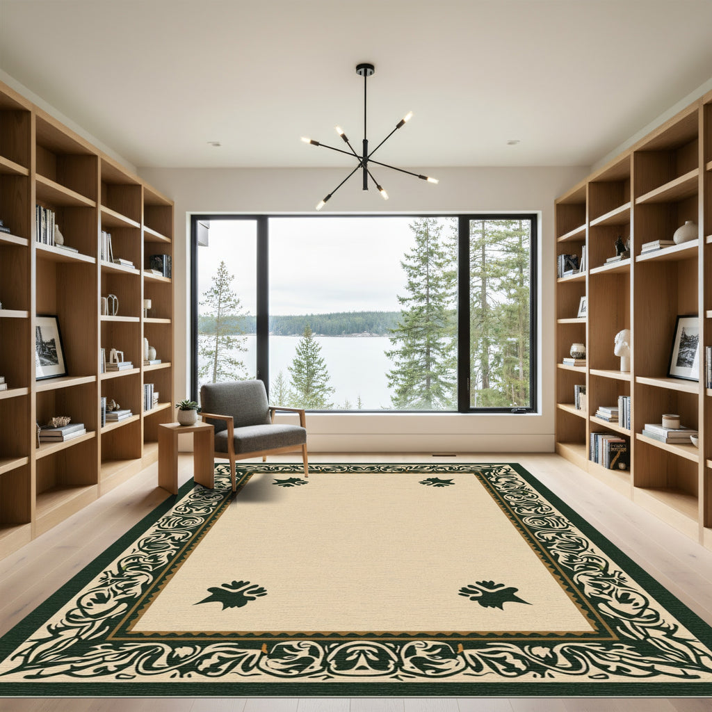 Dark Green Ornate Floral Border Rug