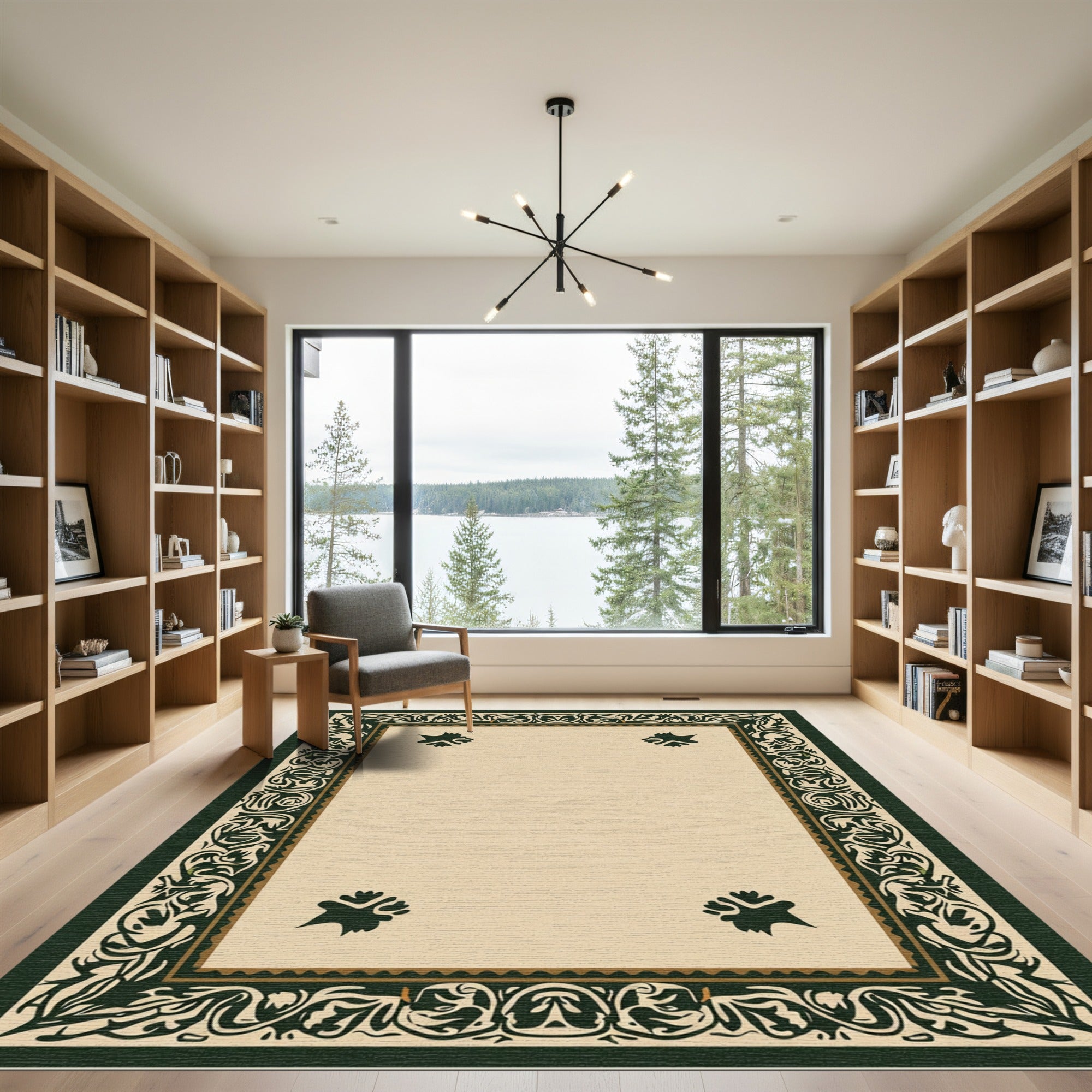 Dark Green Ornate Floral Border Rug