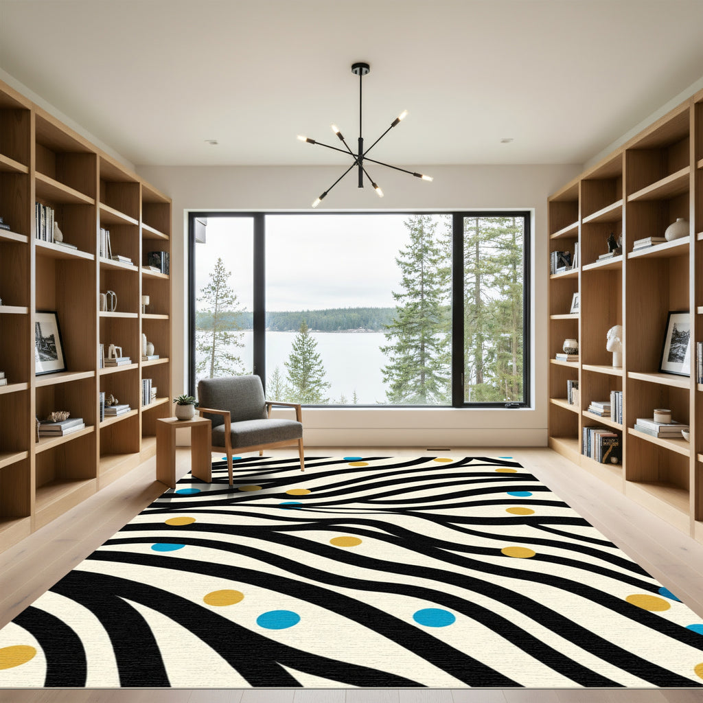 Black Golden Blue Polka Dot Waves Rug