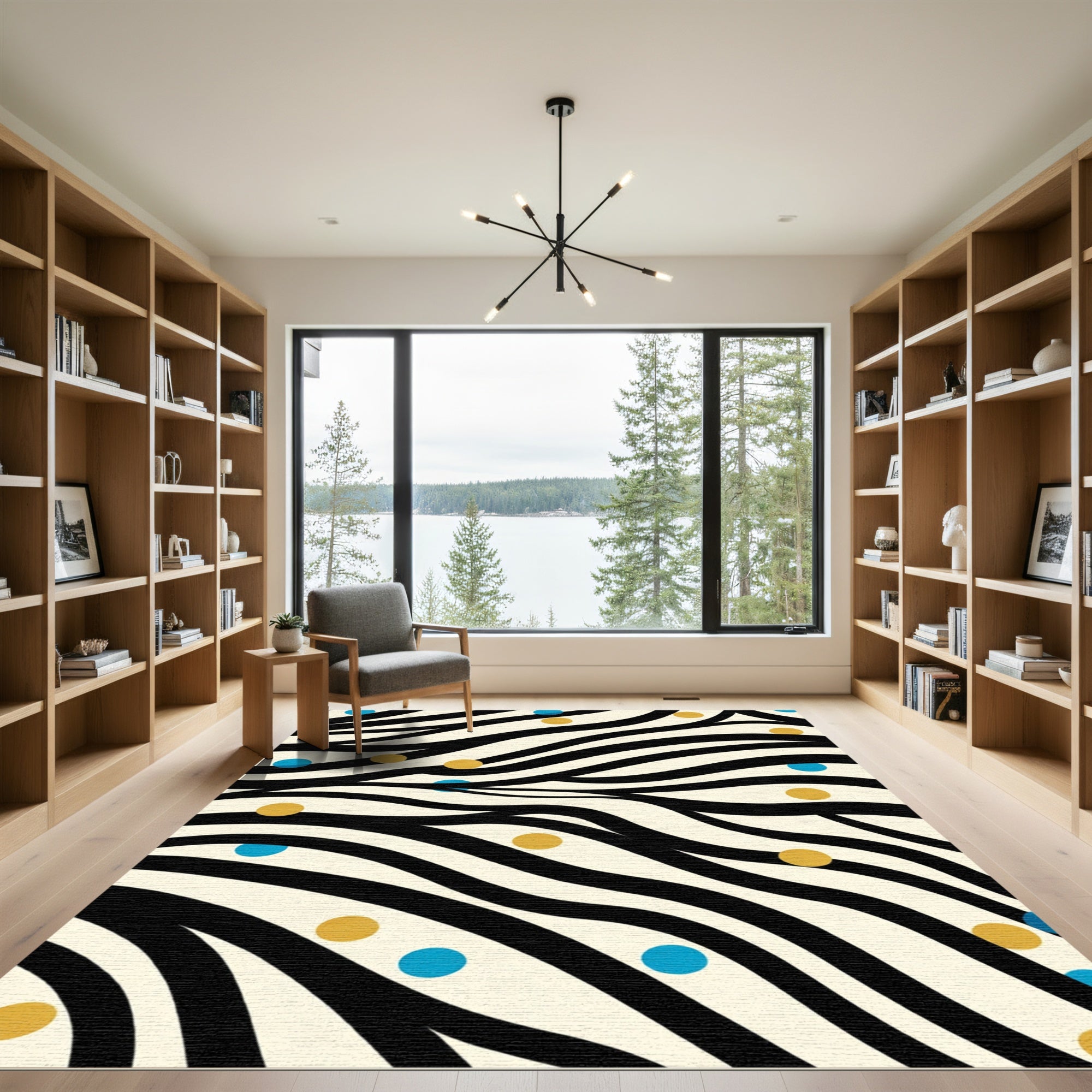 Black Golden Blue Polka Dot Waves Rug