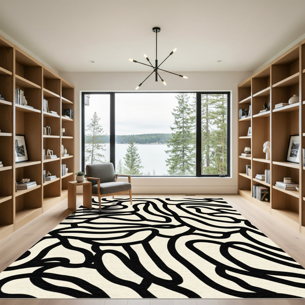 Abstract Black Ivory Organic Flow Rug