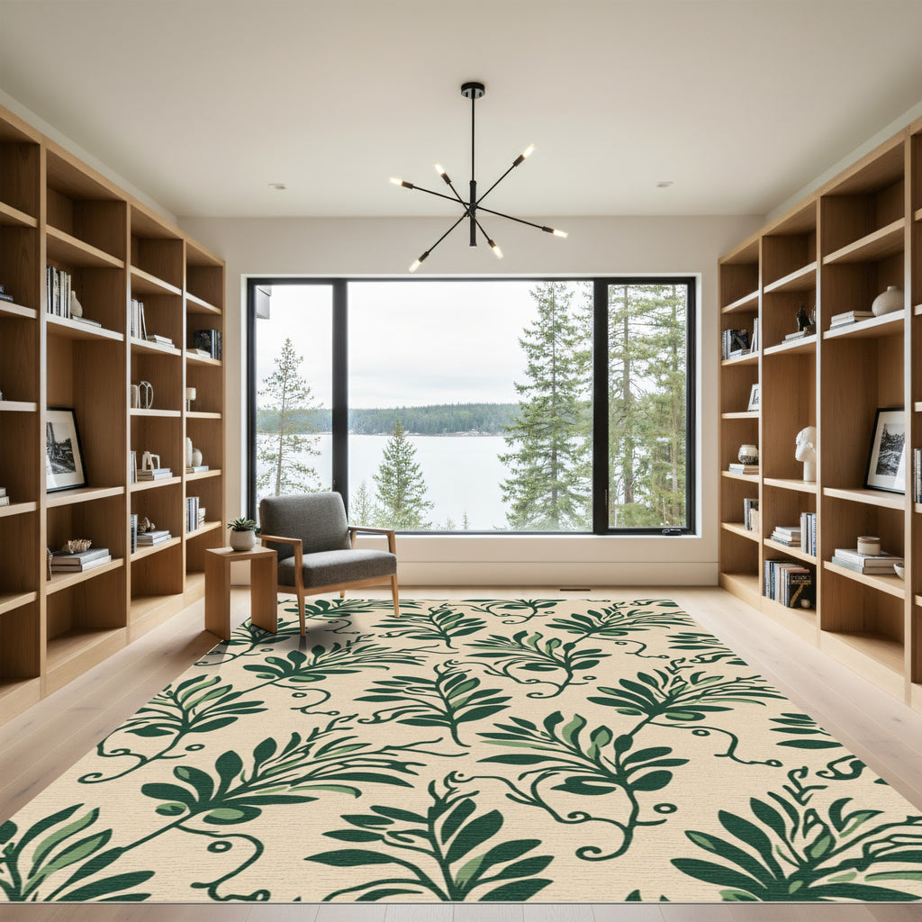 Green Leaf Vine Beige Background Rug