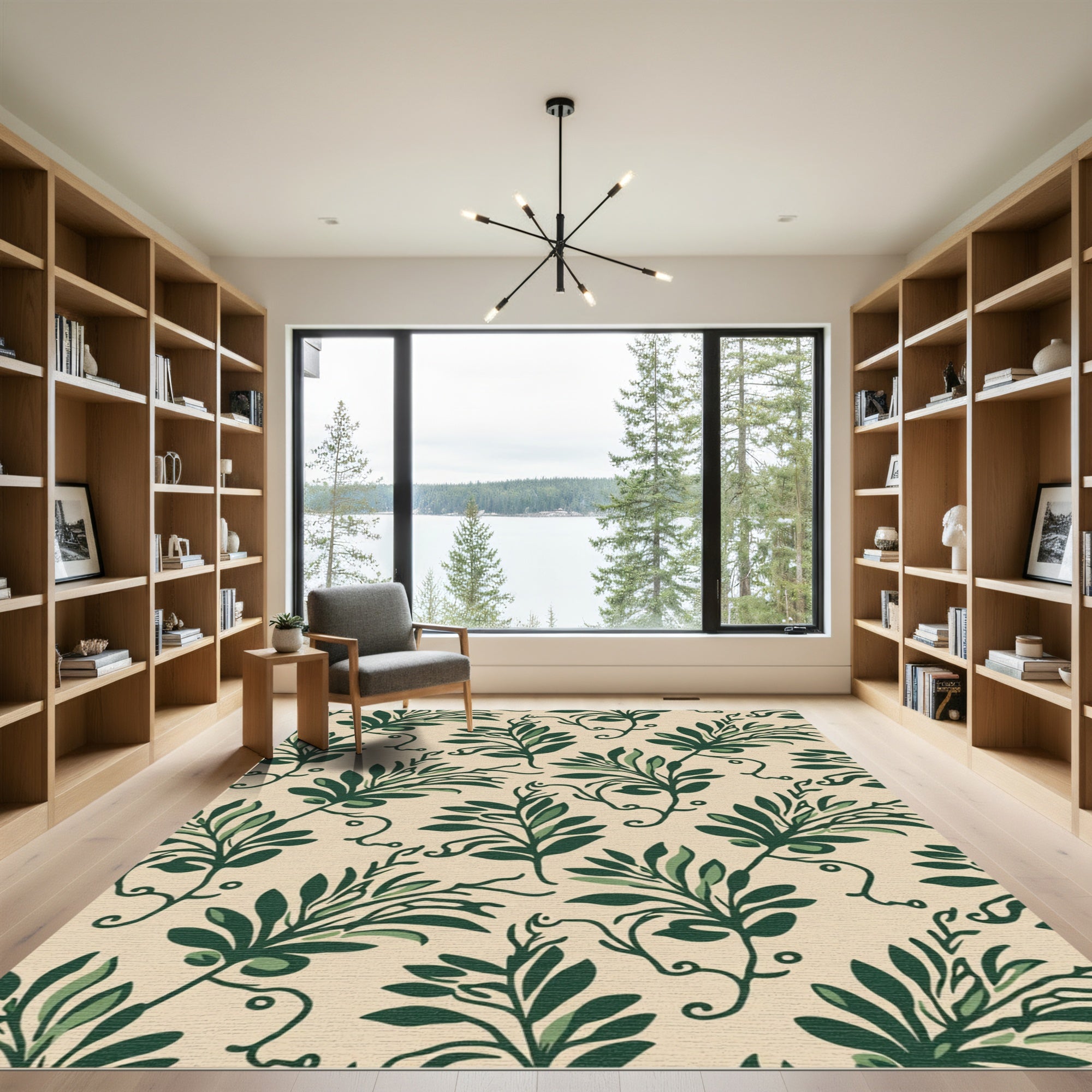 Green Leaf Vine Beige Background Rug
