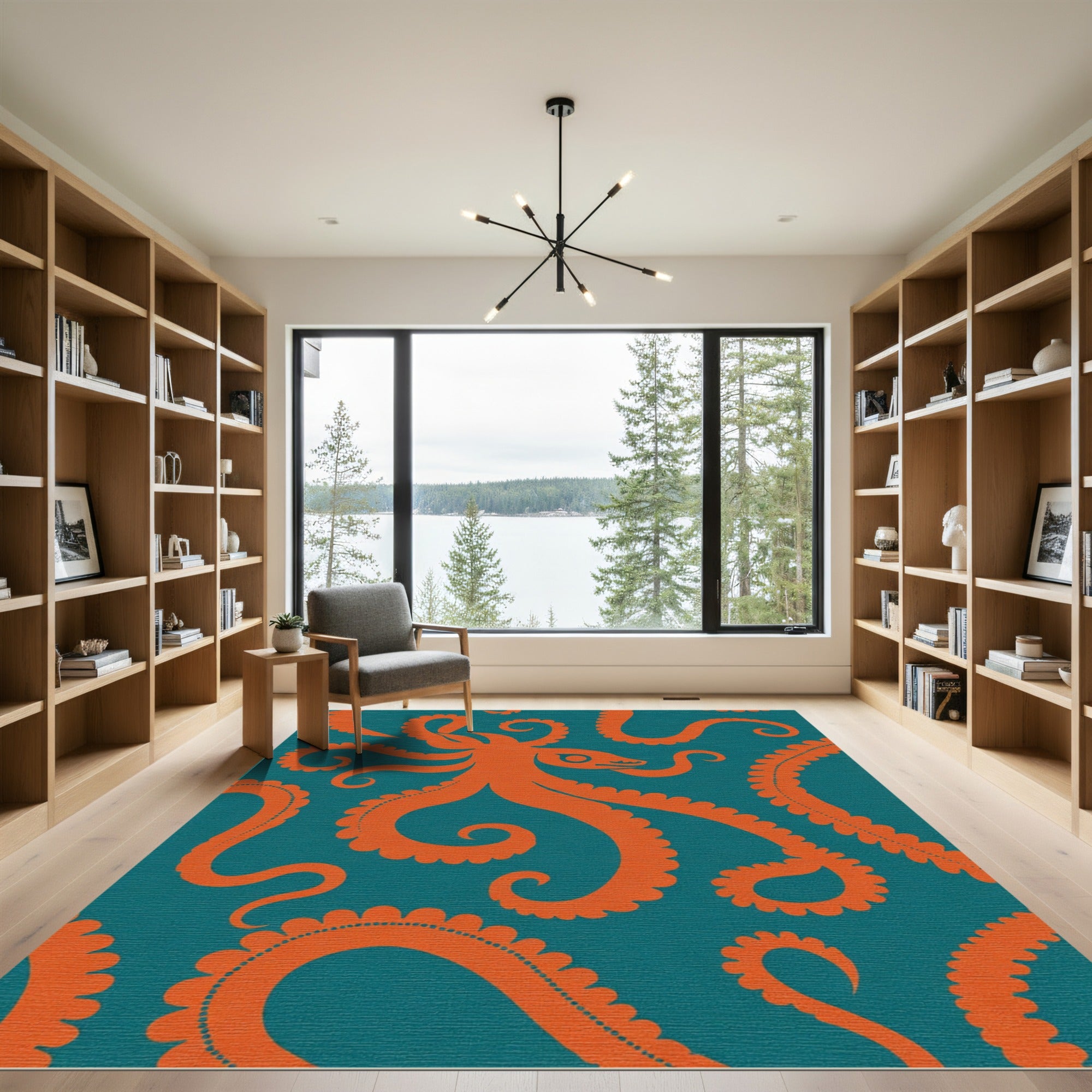 Bold Orange Octopus Teal Swirl Rug
