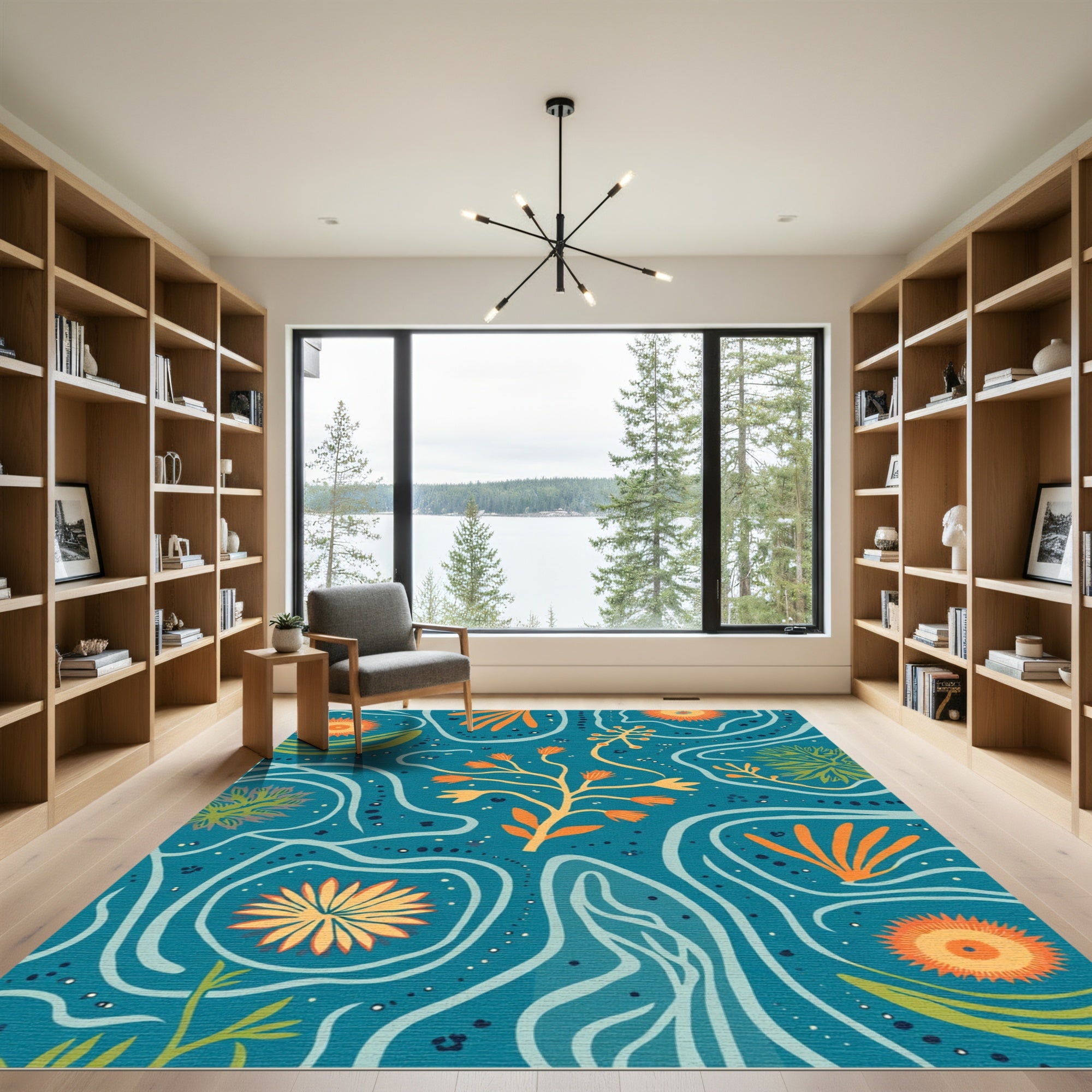 Aqua Orange Floral Abstract Wave Rug