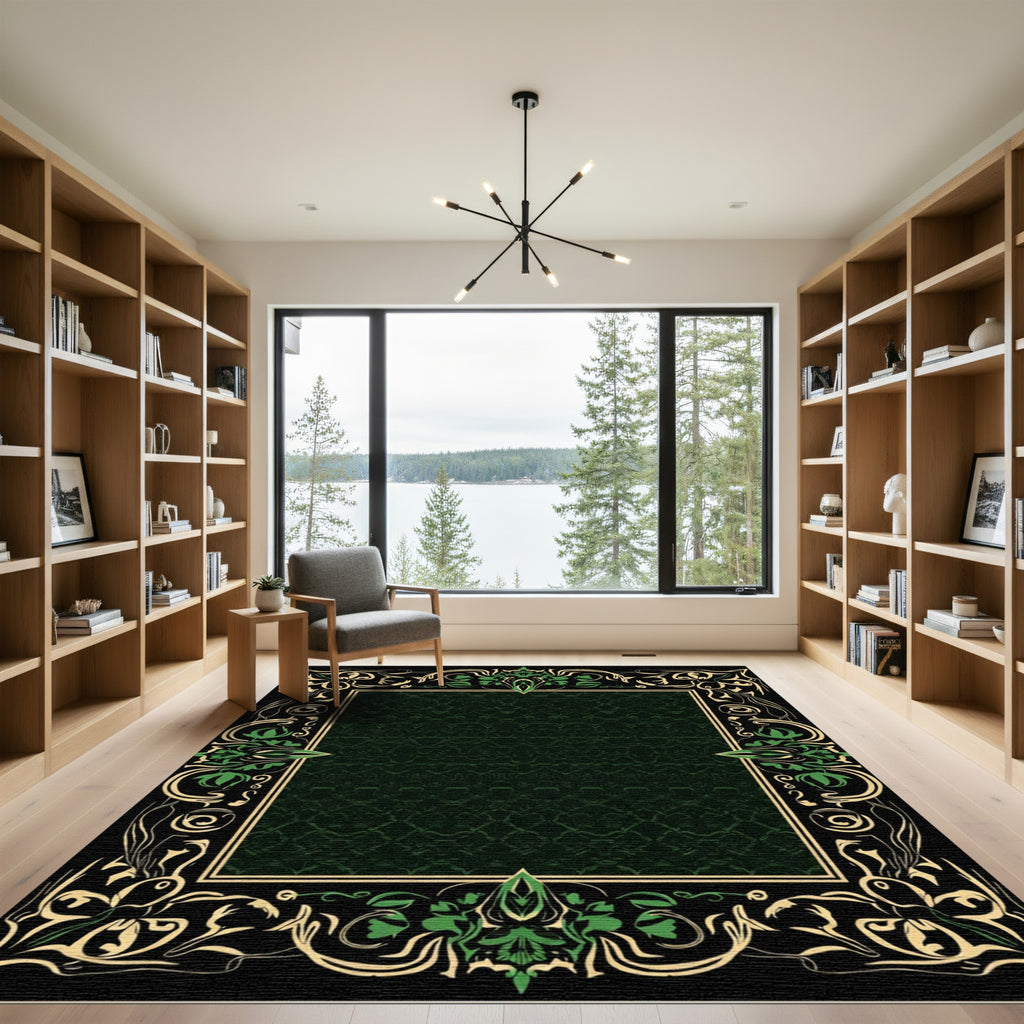 Art Nouveau Green Floral Scroll Frame Rug