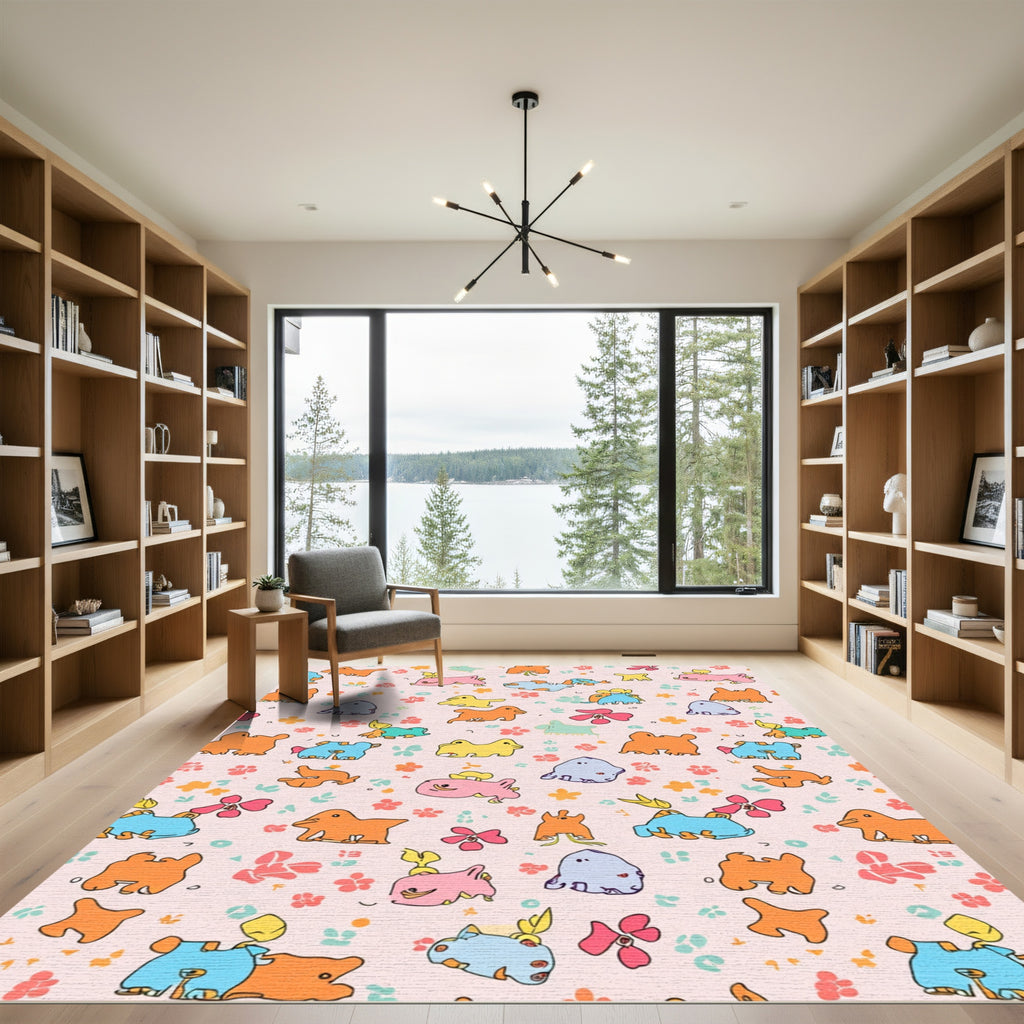 Whimsical Cartoon Creatures Floral Meadow Rug