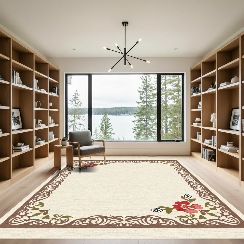 Red Blossom Flourish Scroll Border Rug