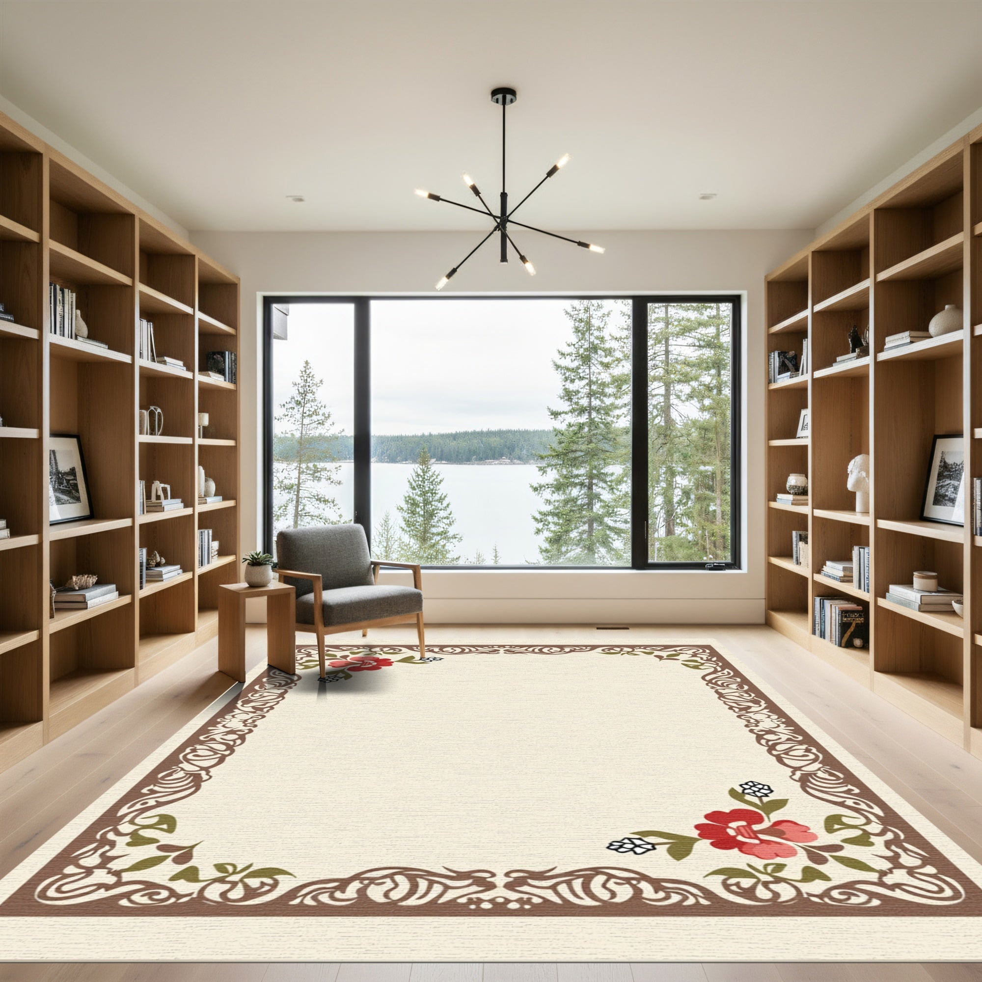 Red Blossom Flourish Scroll Border Rug