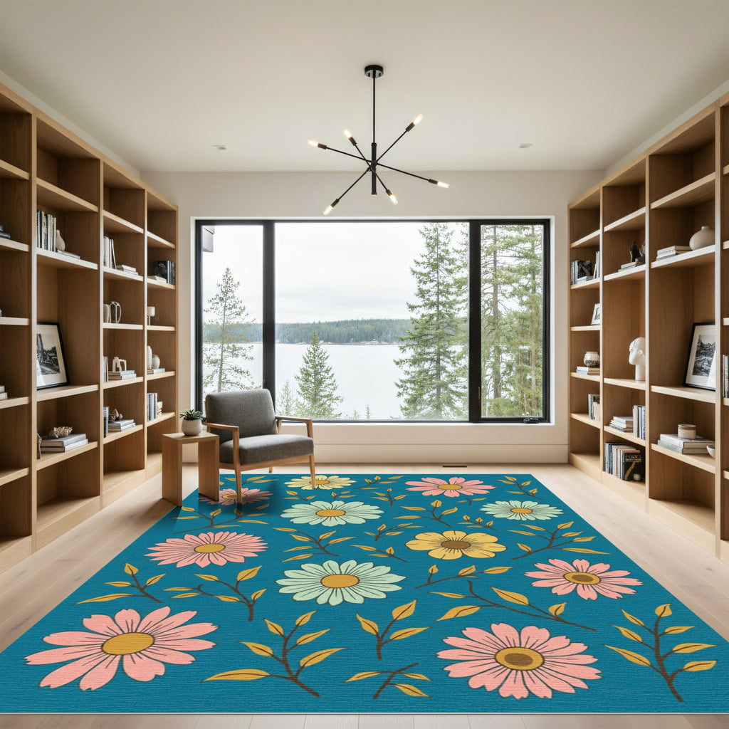 Retro Floral Sprigs Teal Rug