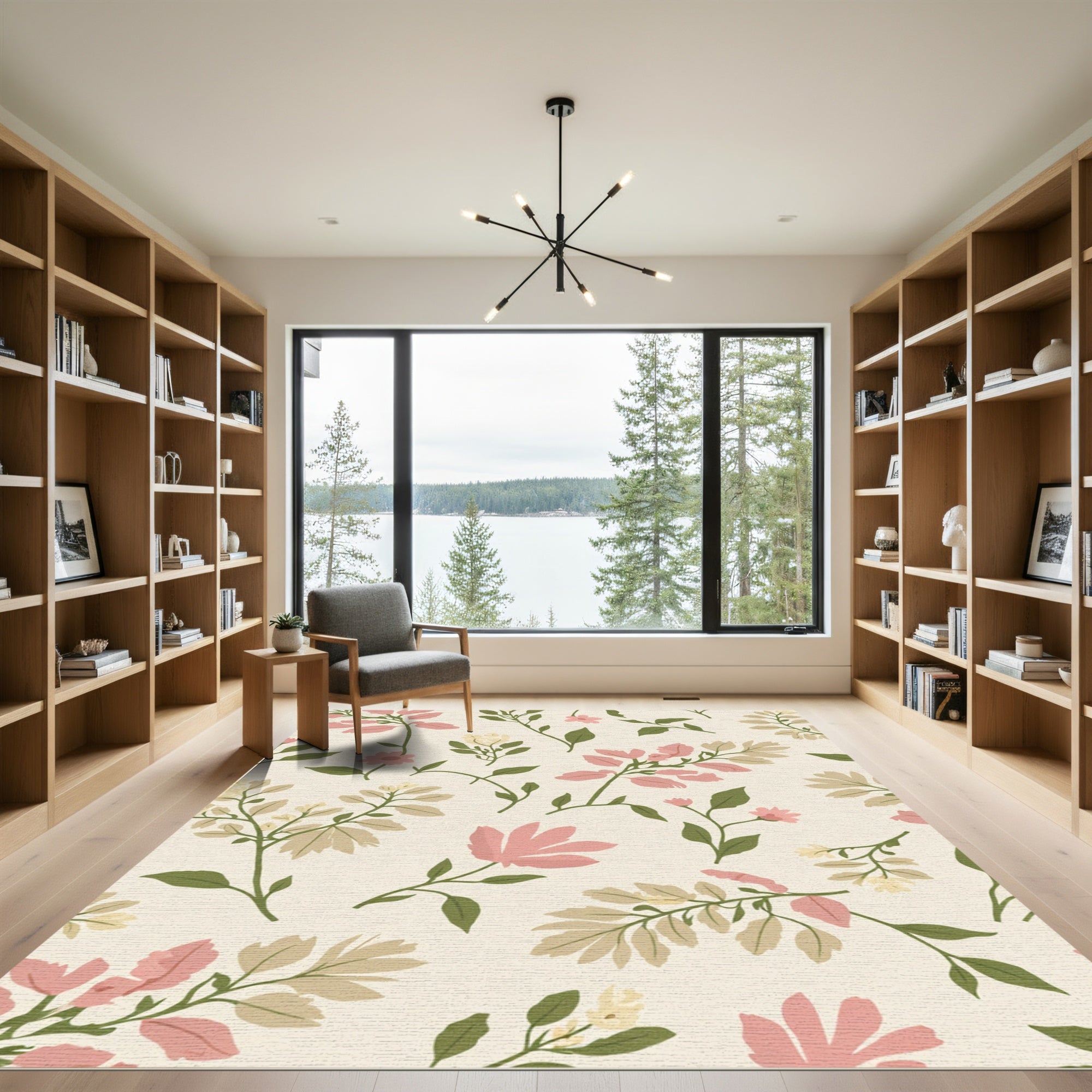 Whimsical Pink Green Floral Branches Rug