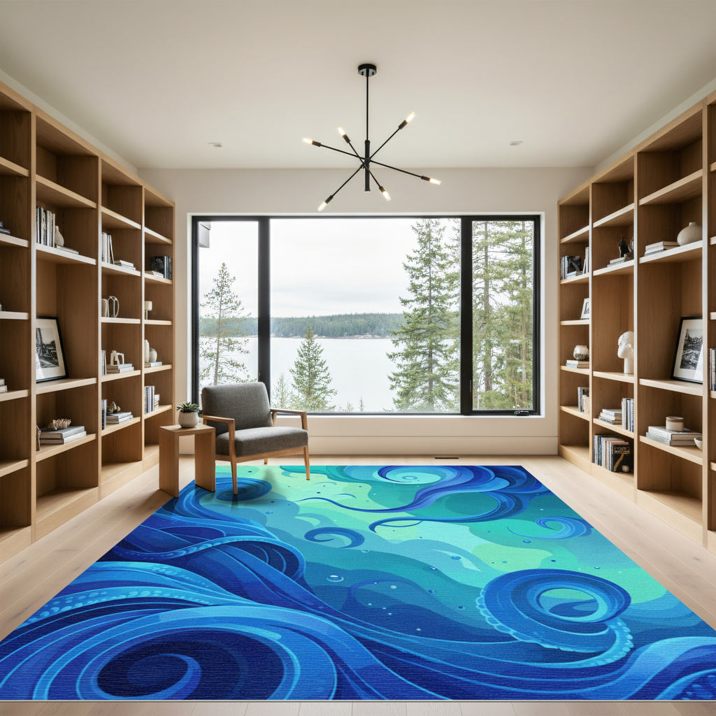 Azure Currents Abstract Swirls Rug