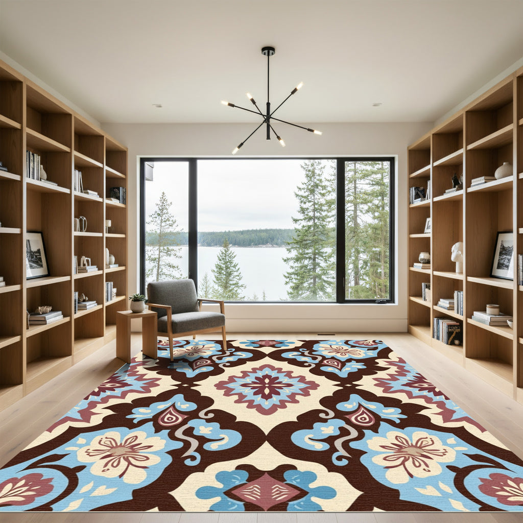 Brown Blue Floral Medallion Cream Rug