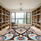 Brown Blue Floral Medallion Cream Rug