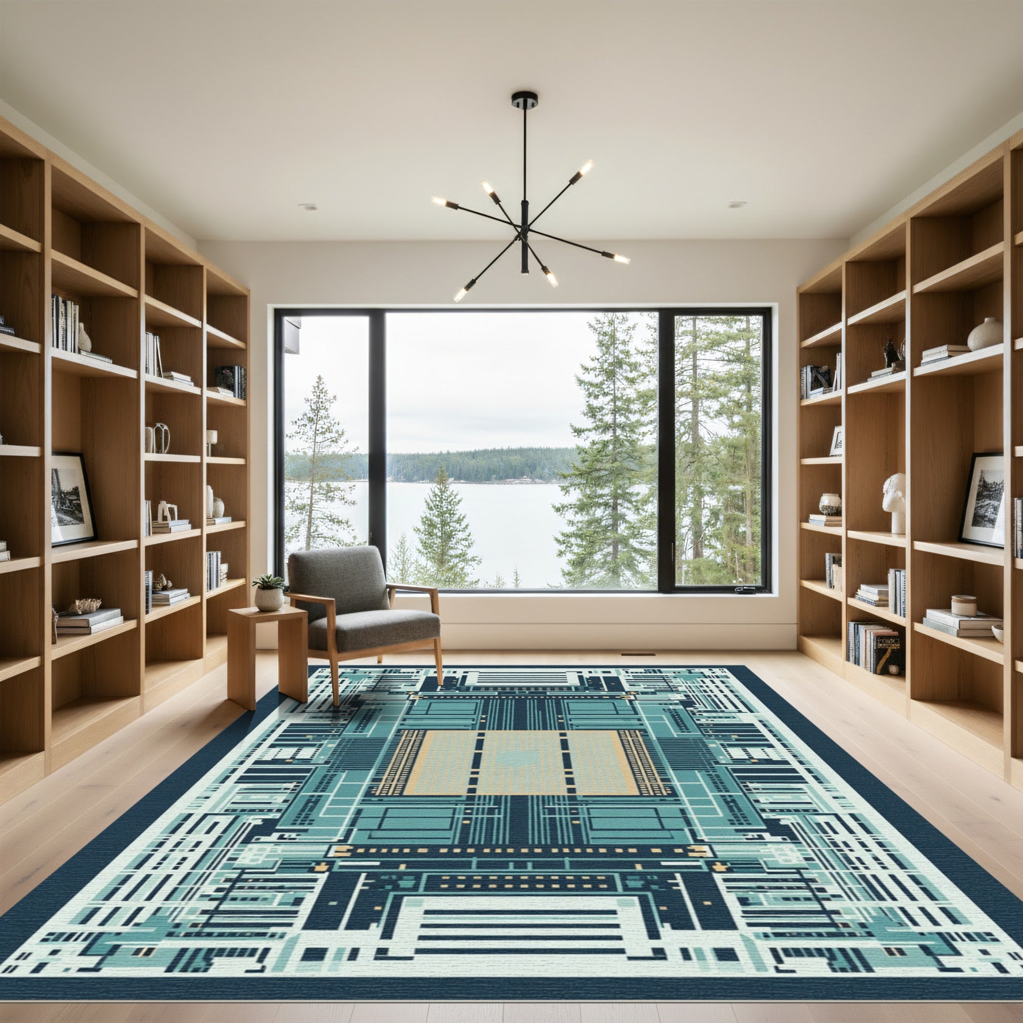 Abstract Cyan Geometric Circuit Board Rug