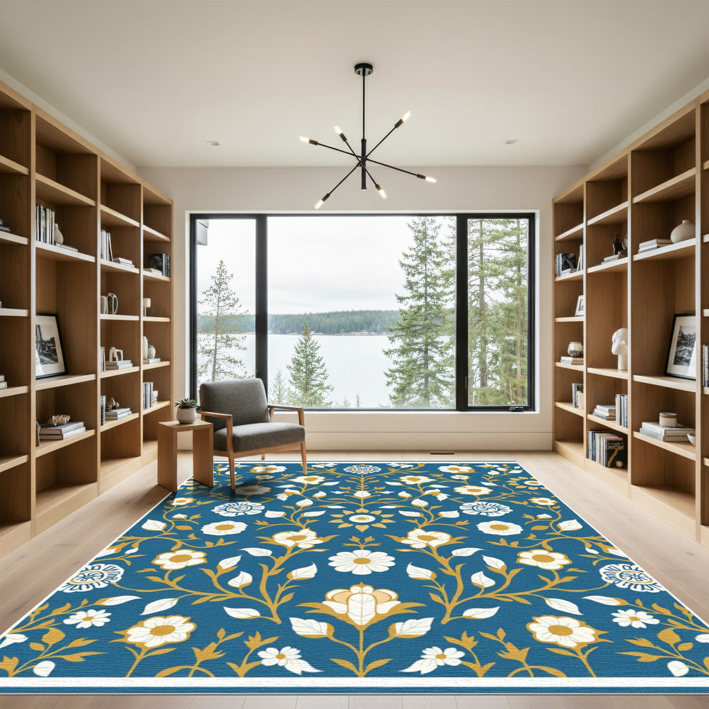 Deep Blue White Gold Floral Vine Rug