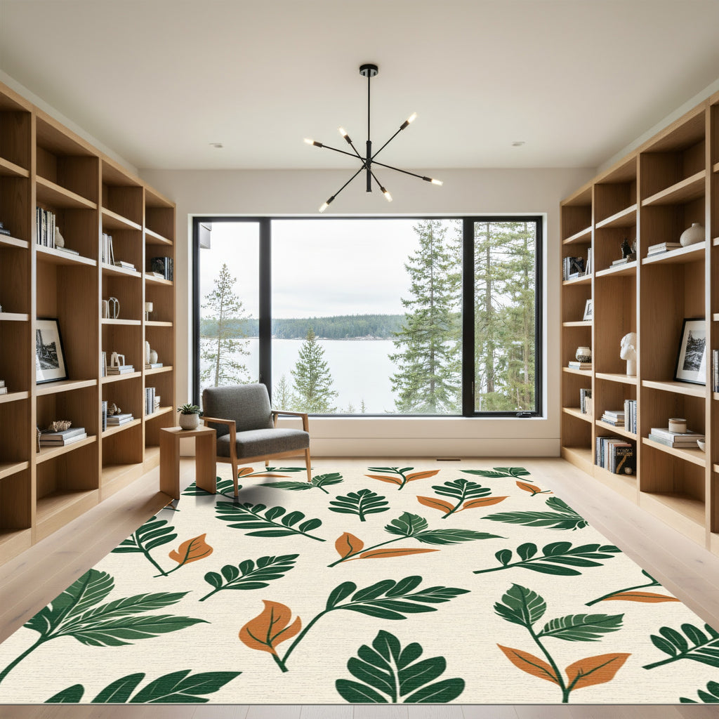 Green Rustic Leafy Branch Pattern Rug
