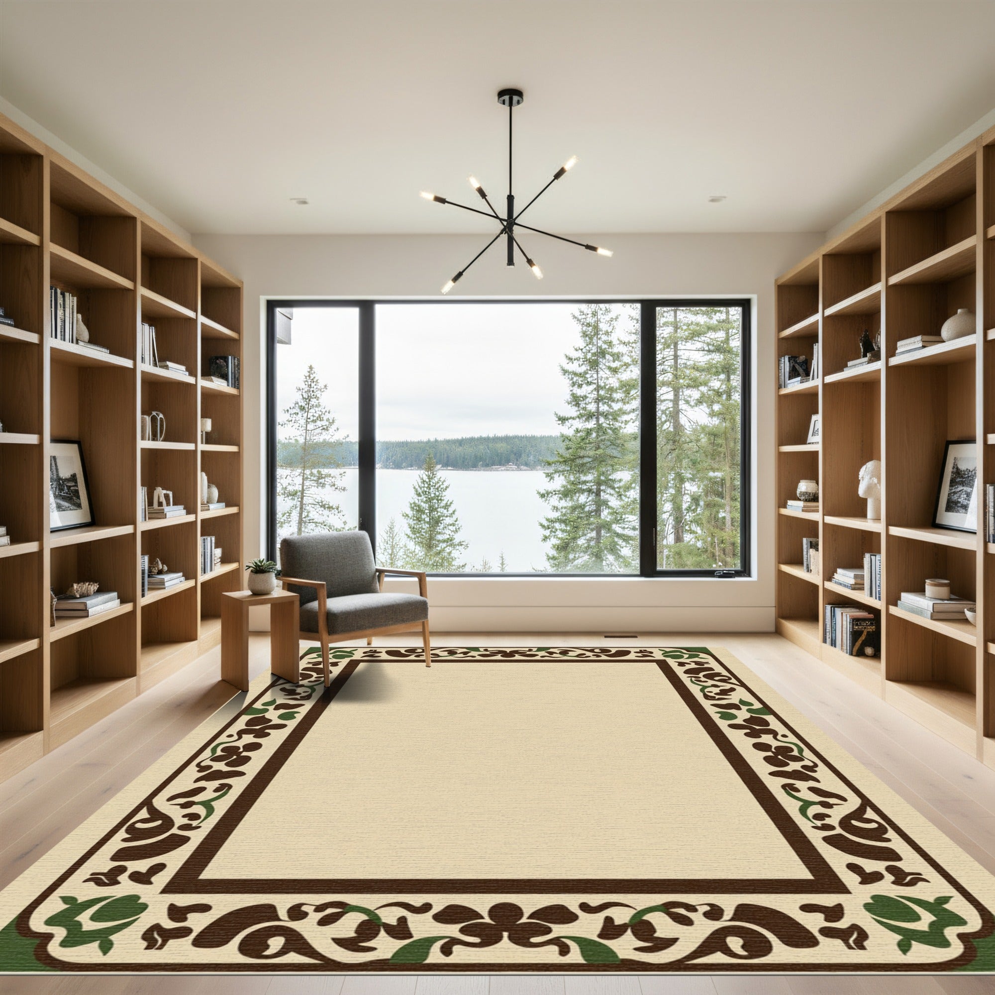 Brown Forest Floral Border Rug