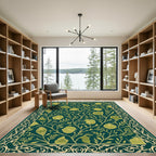 Dark Green Golden Floral Vine Border Rug