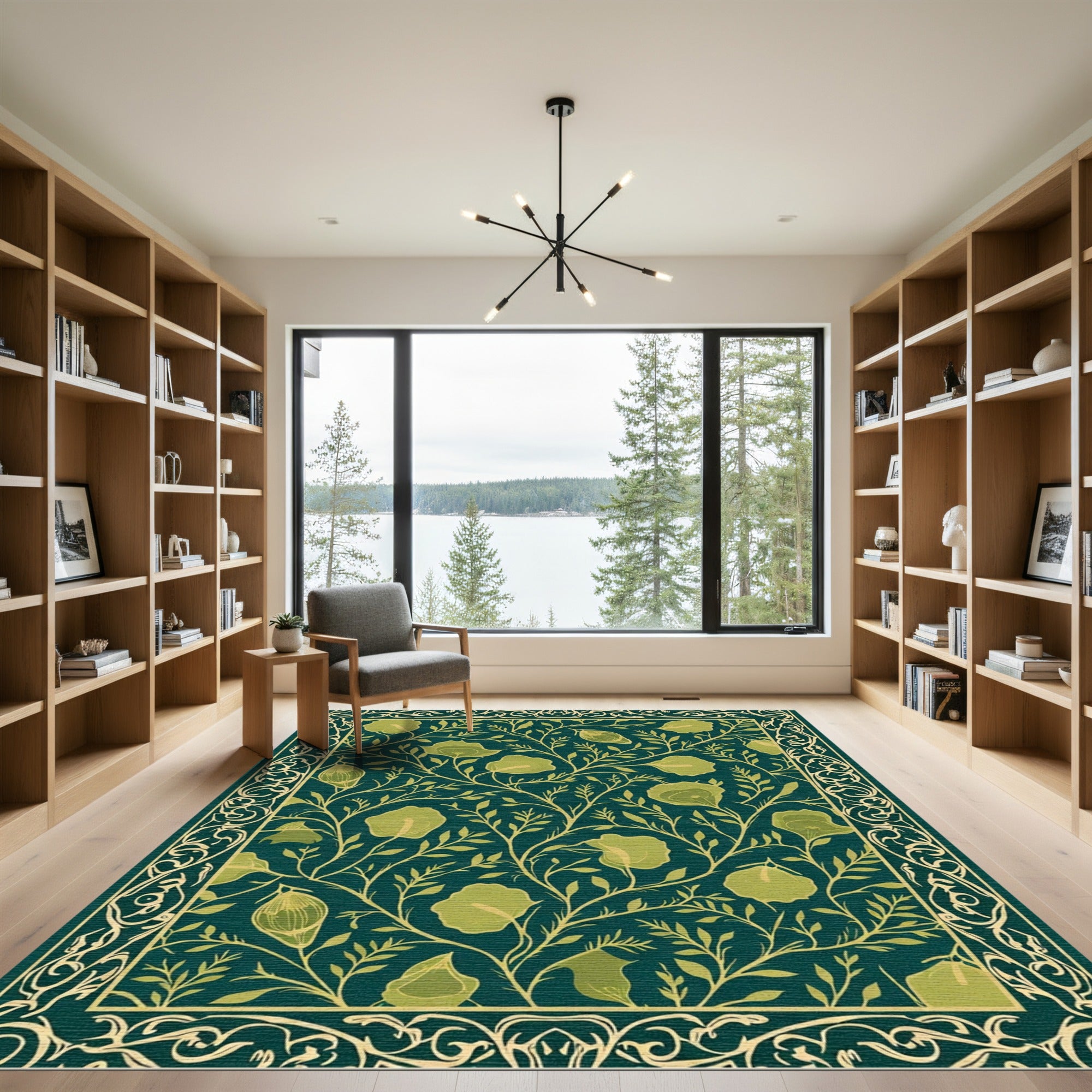 Dark Green Golden Floral Vine Border Rug