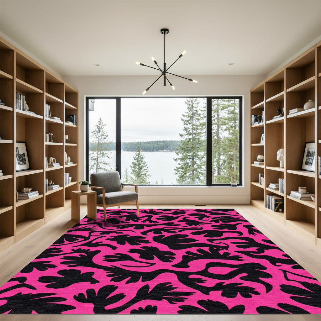 Bold Pink Black Organic Shapes Rug