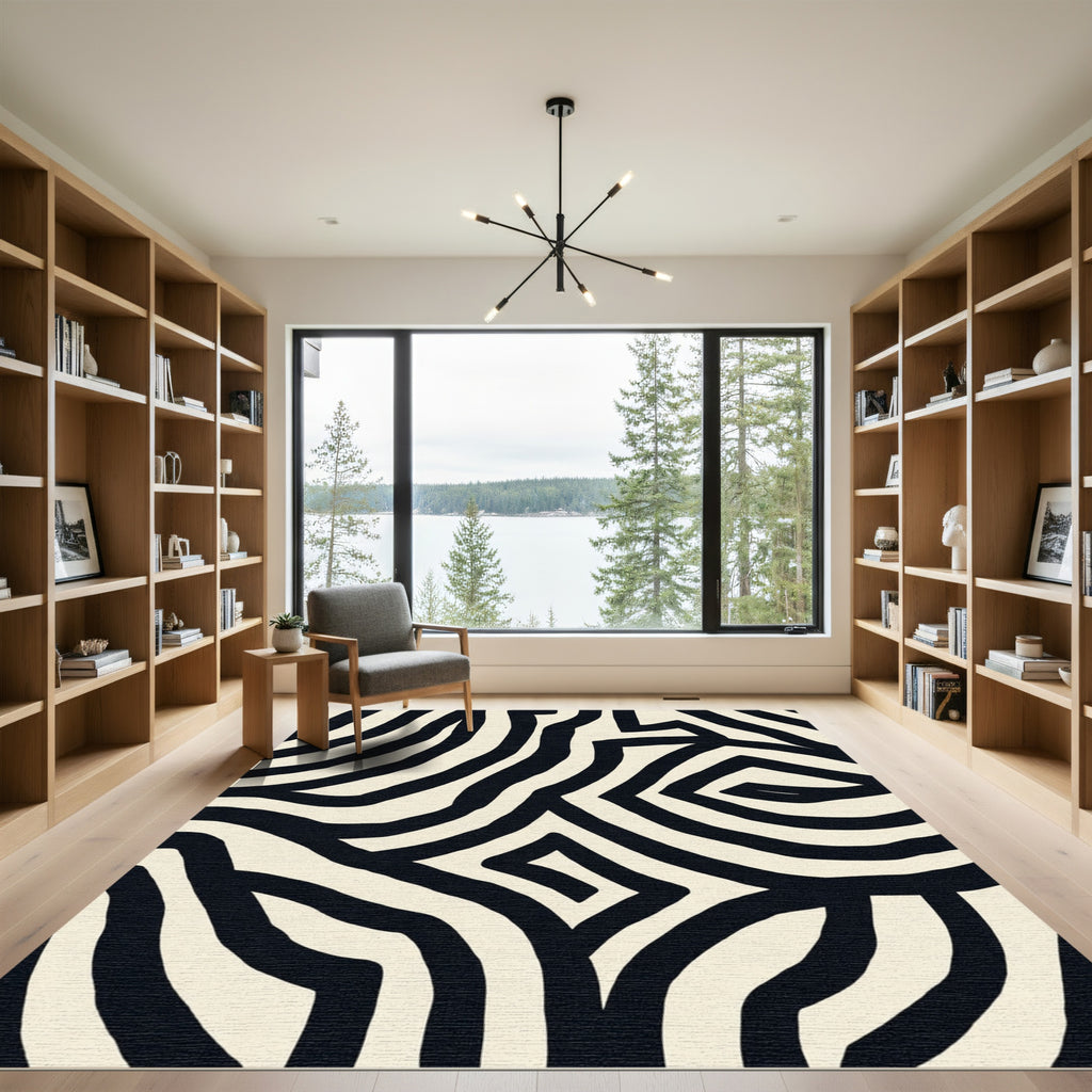 Bold Black Cream Abstract Lines Rug