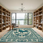 Teal Rooster Floral Bordered Rug