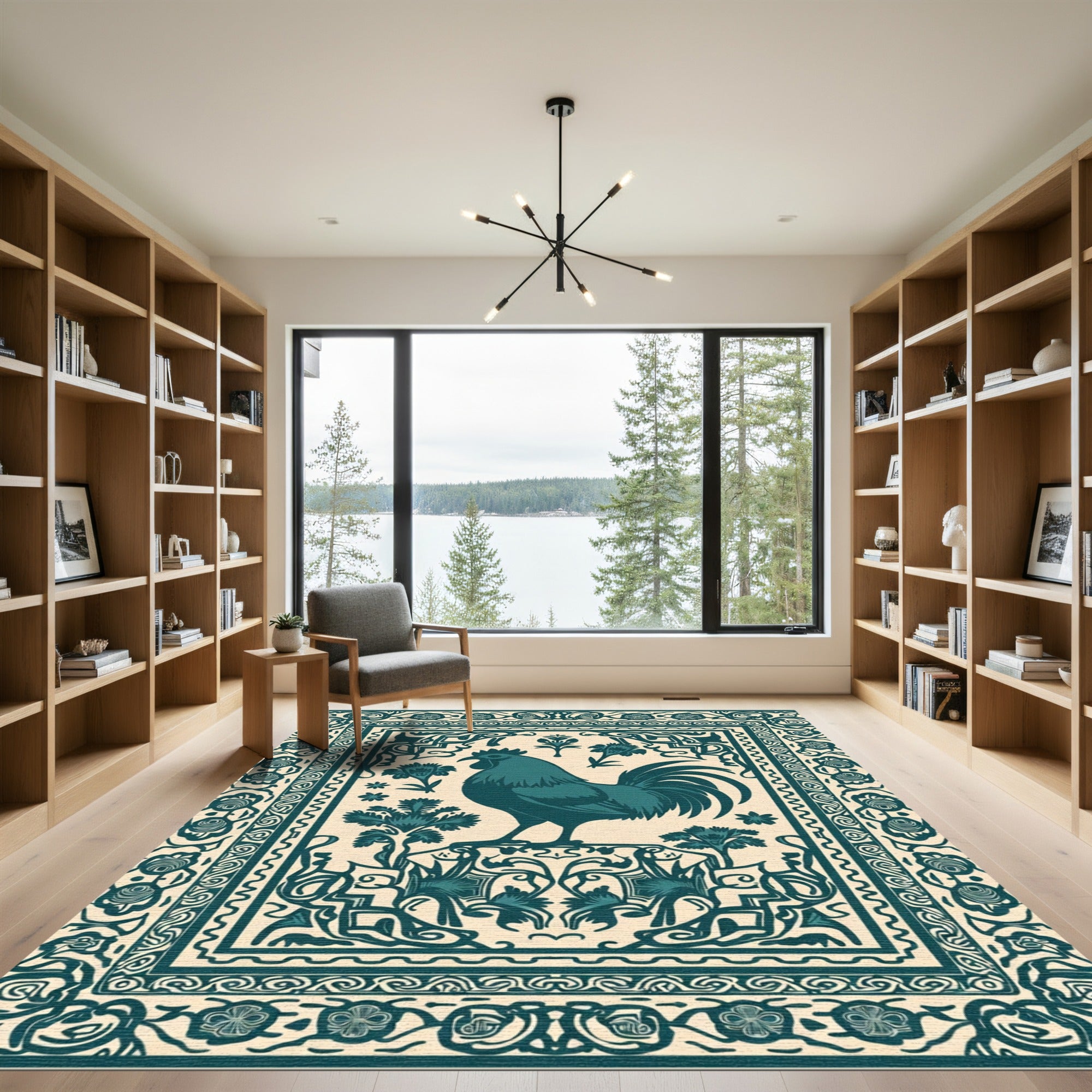 Teal Rooster Floral Bordered Rug