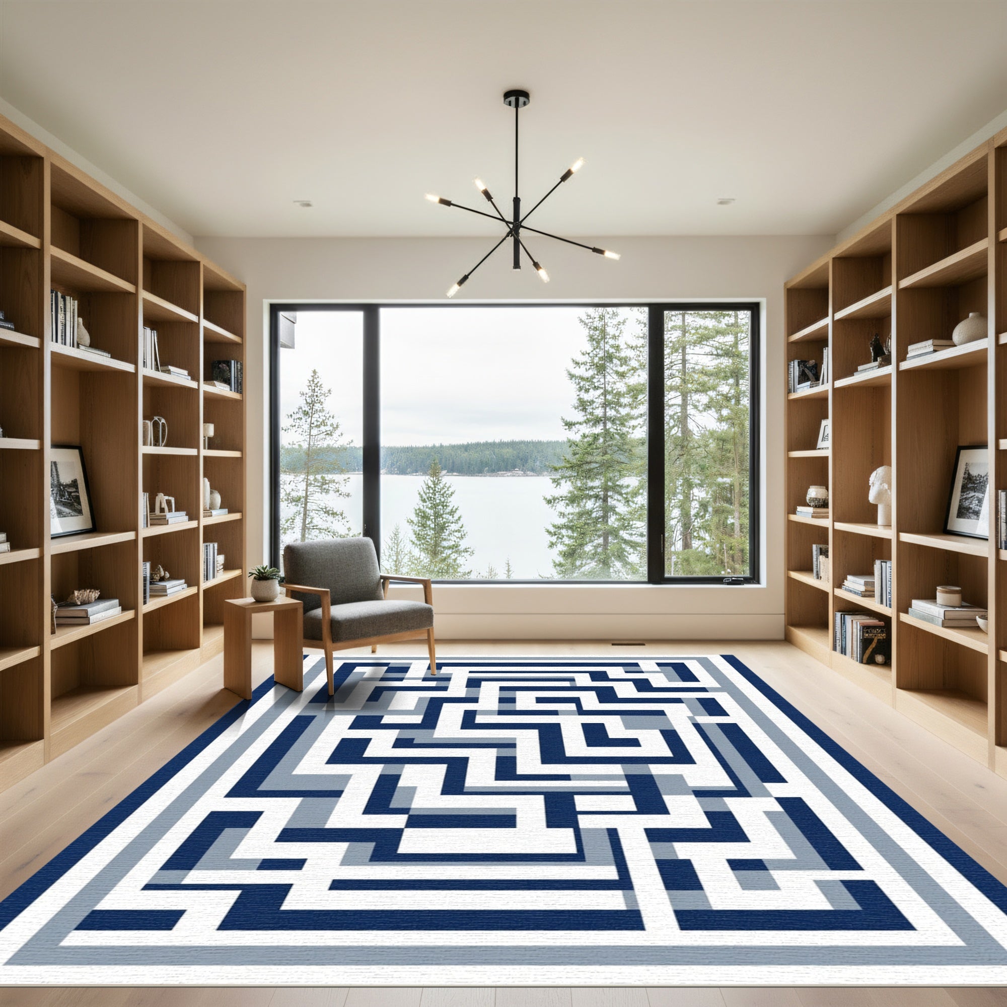 Navy Blue Geometric Maze Layers Rug