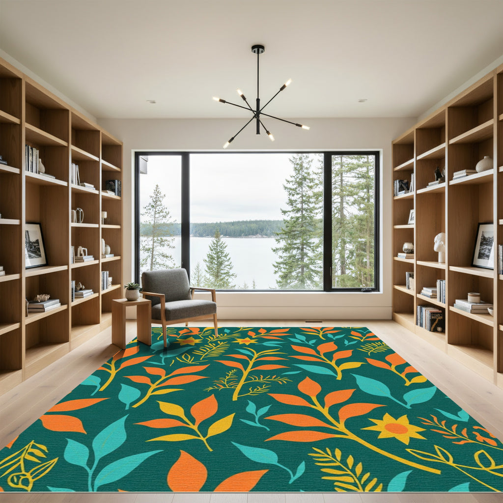 Bold Teal Orange Yellow Foliage Rug
