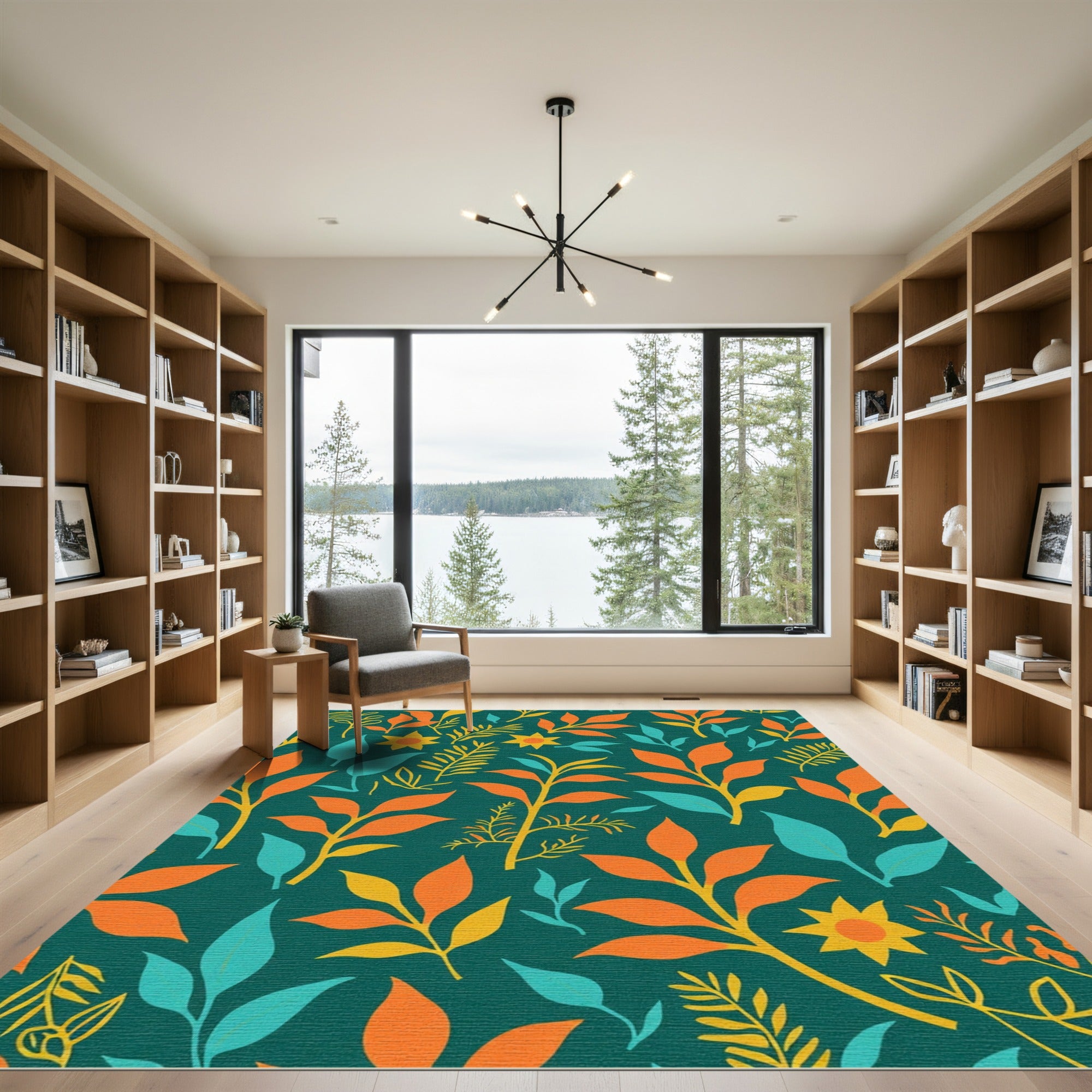 Bold Teal Orange Yellow Foliage Rug