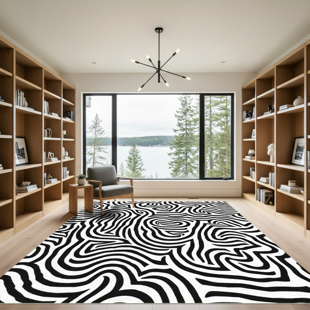 Bold Black White Organic Maze Rug