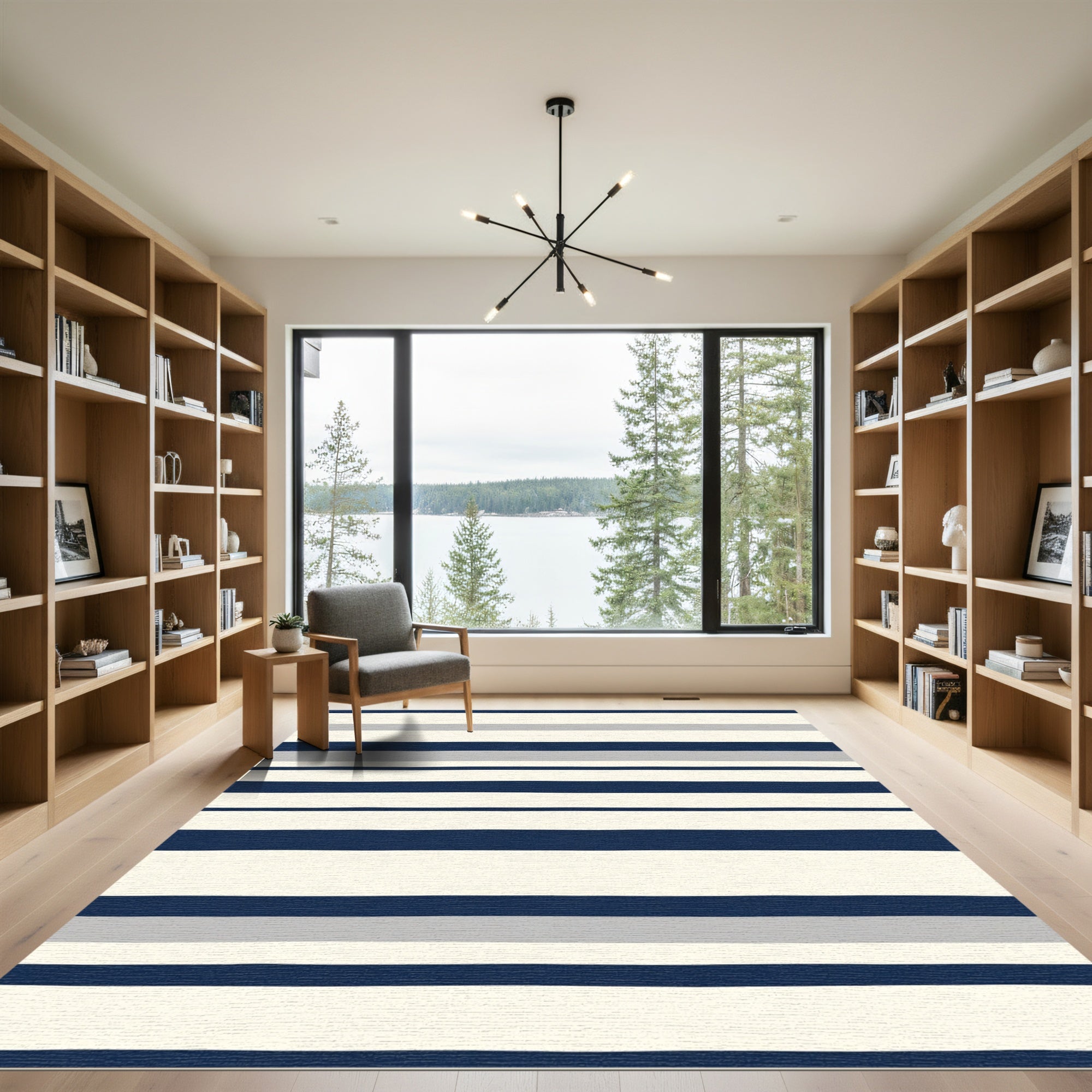 Navy, Cream, Gray Striped Rug