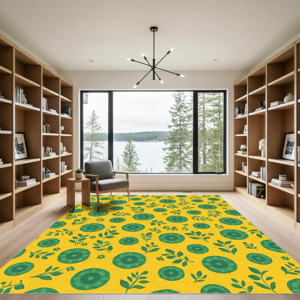 Golden Yellow Green Floral Garden Rug