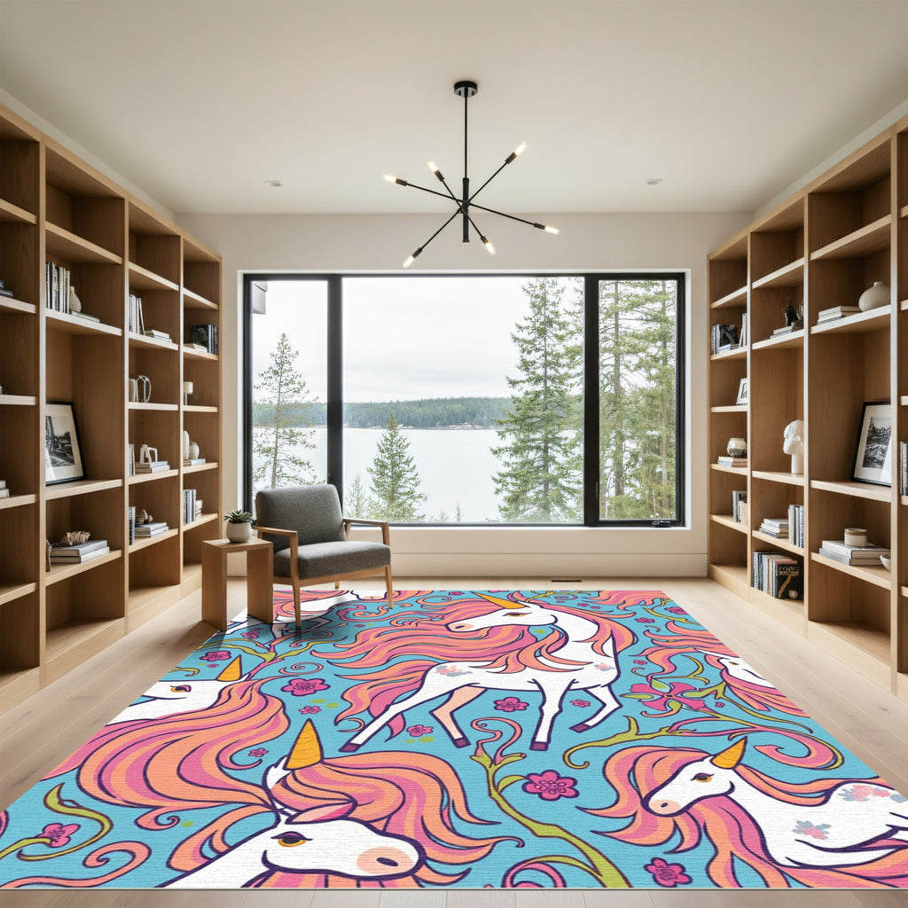 Whimsical Pink Unicorn Flower Garden Rug